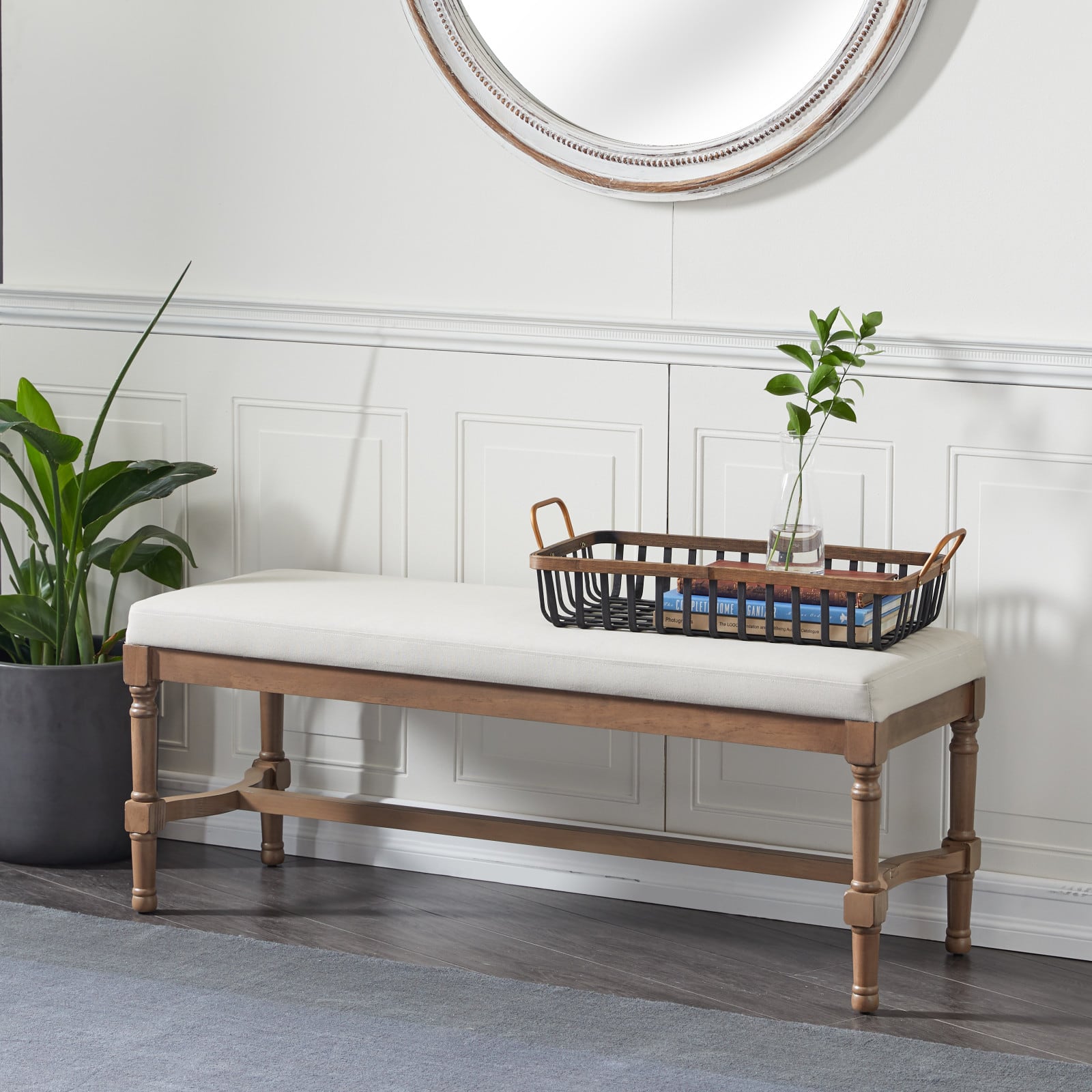Brown Wood & Linen Traditional Bench