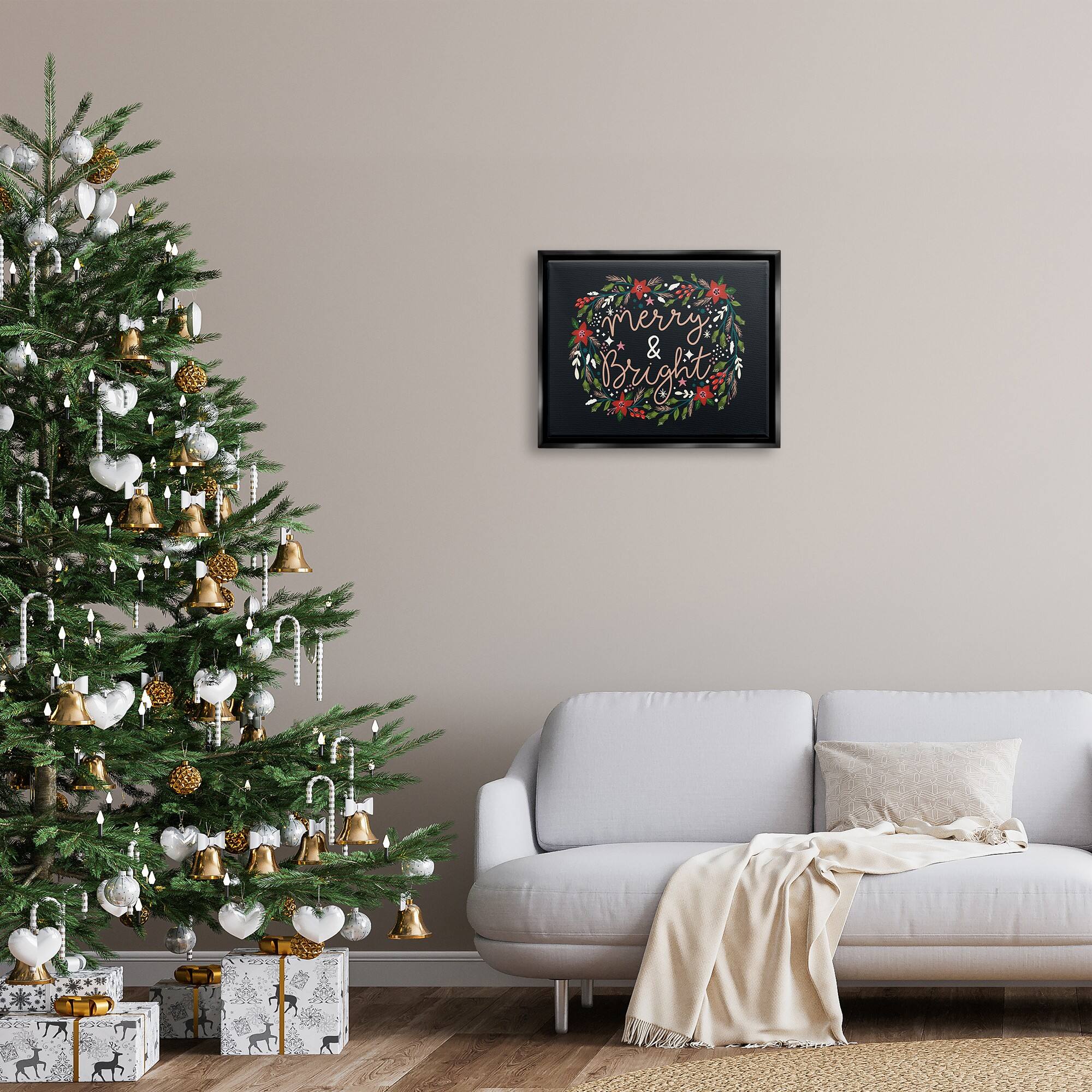 Stupell Industries Merry & Bright Poinsettia Wreath Framed Floater Canvas Wall Art