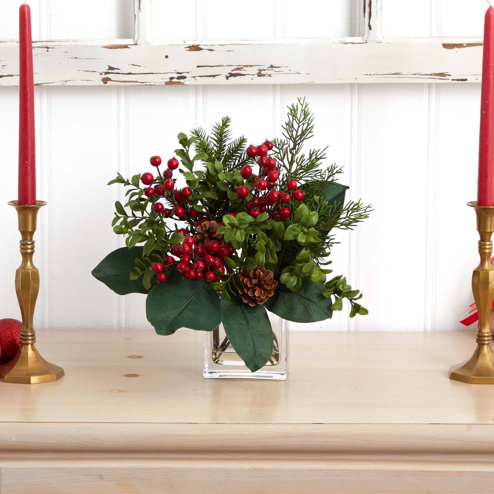 12" Berry, Pine & Boxwood Arrangement with Glass Vase