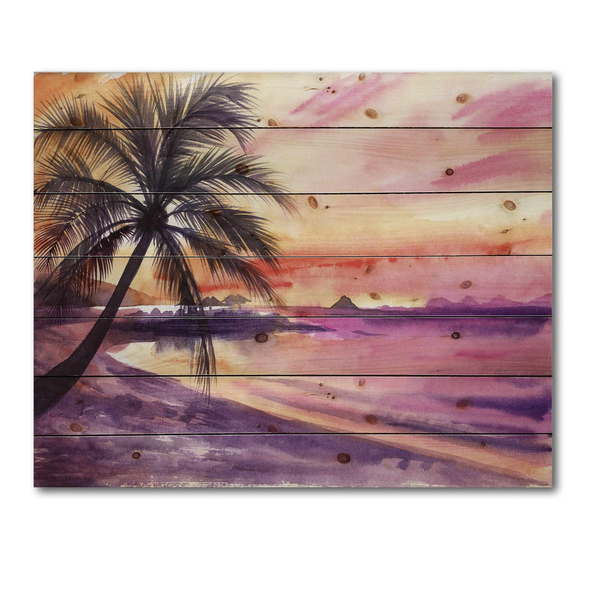 Designart - Pink and Purple Palm Beach Sunset - Nautical & Coastal Print on Natural Pine Wood