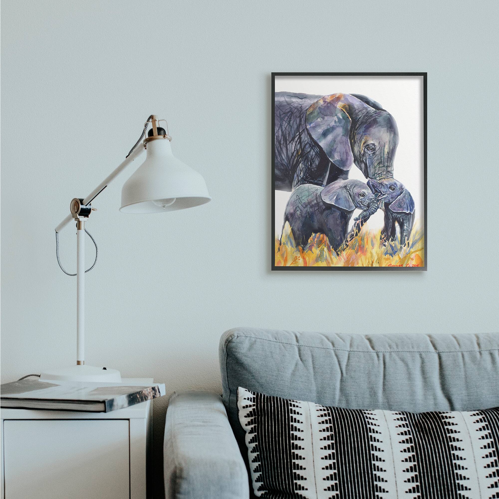 Stupell Industries Elephant Family in Tall Yellow Grass Safari Animals in Black Frame Wall Art