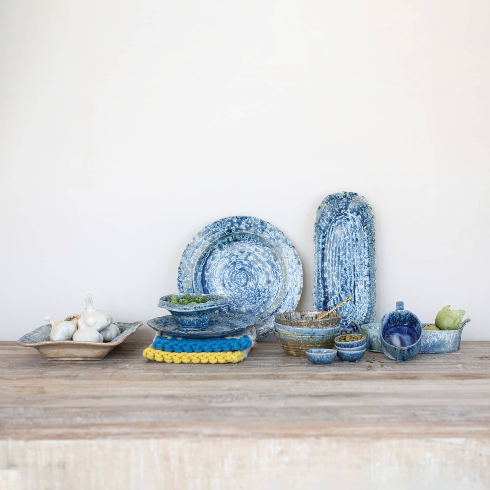 Hello Honey Stoneware Organic Shaped Platter with Reactive Crackle Glaze, Blue, Set of 2