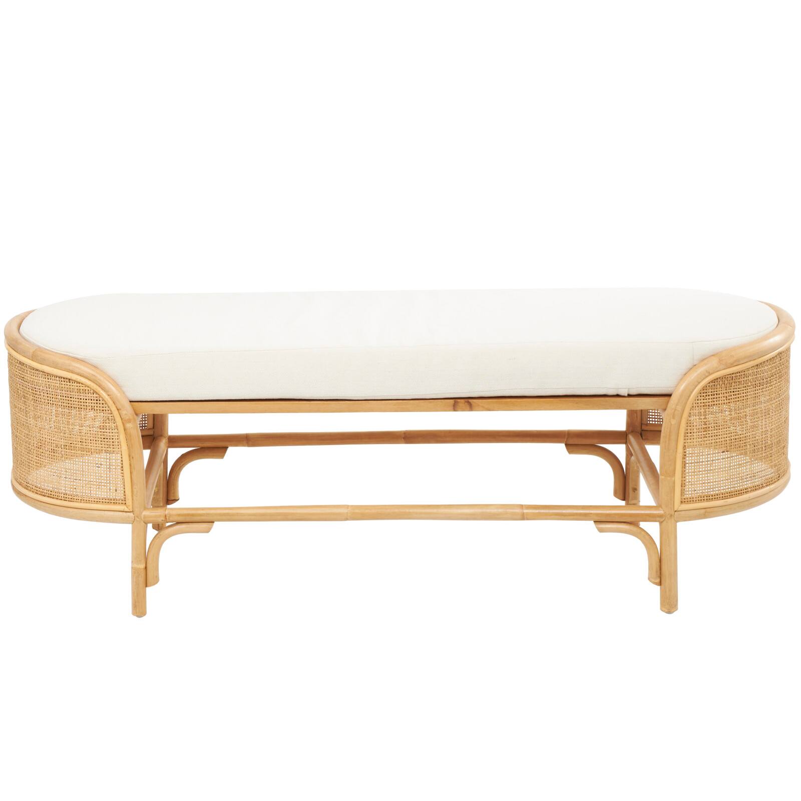 49" Brown Rattan Handmade Oval Bench with White Fabric Cushion