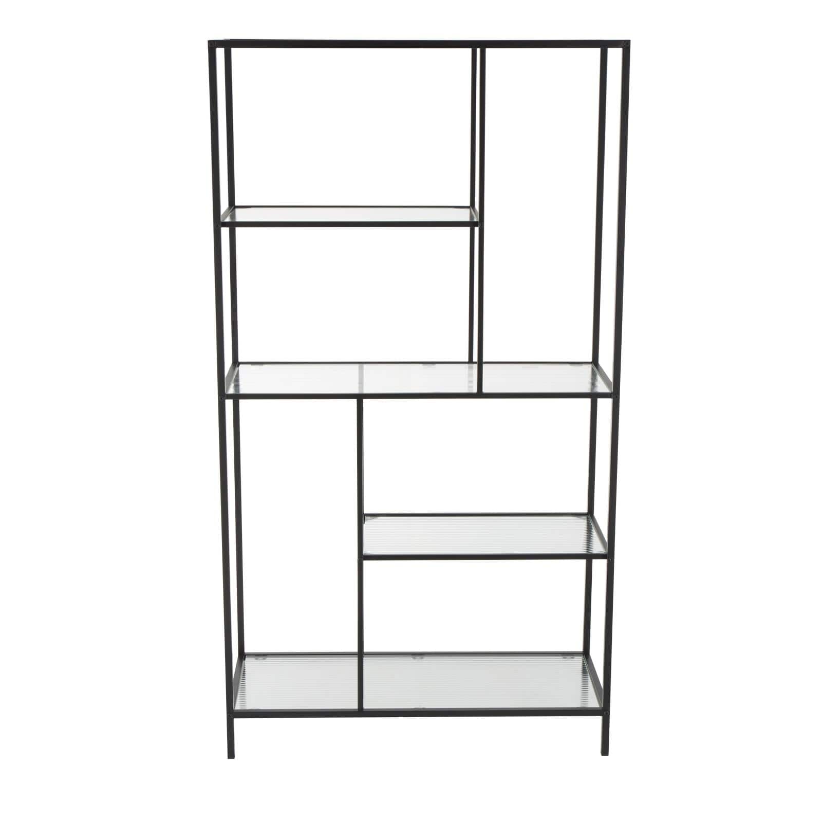 32" x 58" Black Metal 4 Shelf Storage Shelving Unit with Clear Glass Shelves