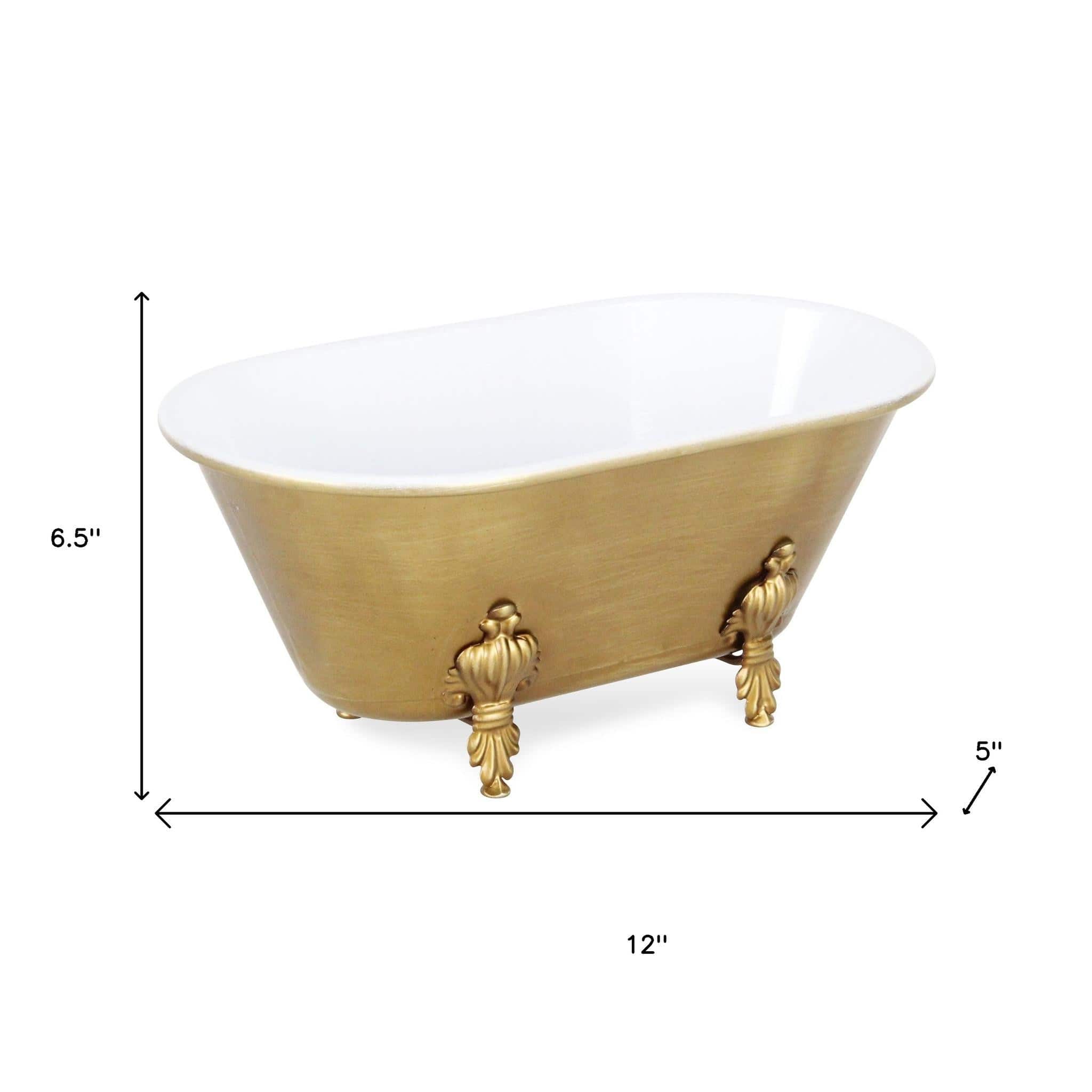 HomeRoots 12" Gold & White Metal Hand Painted Decorative Tub