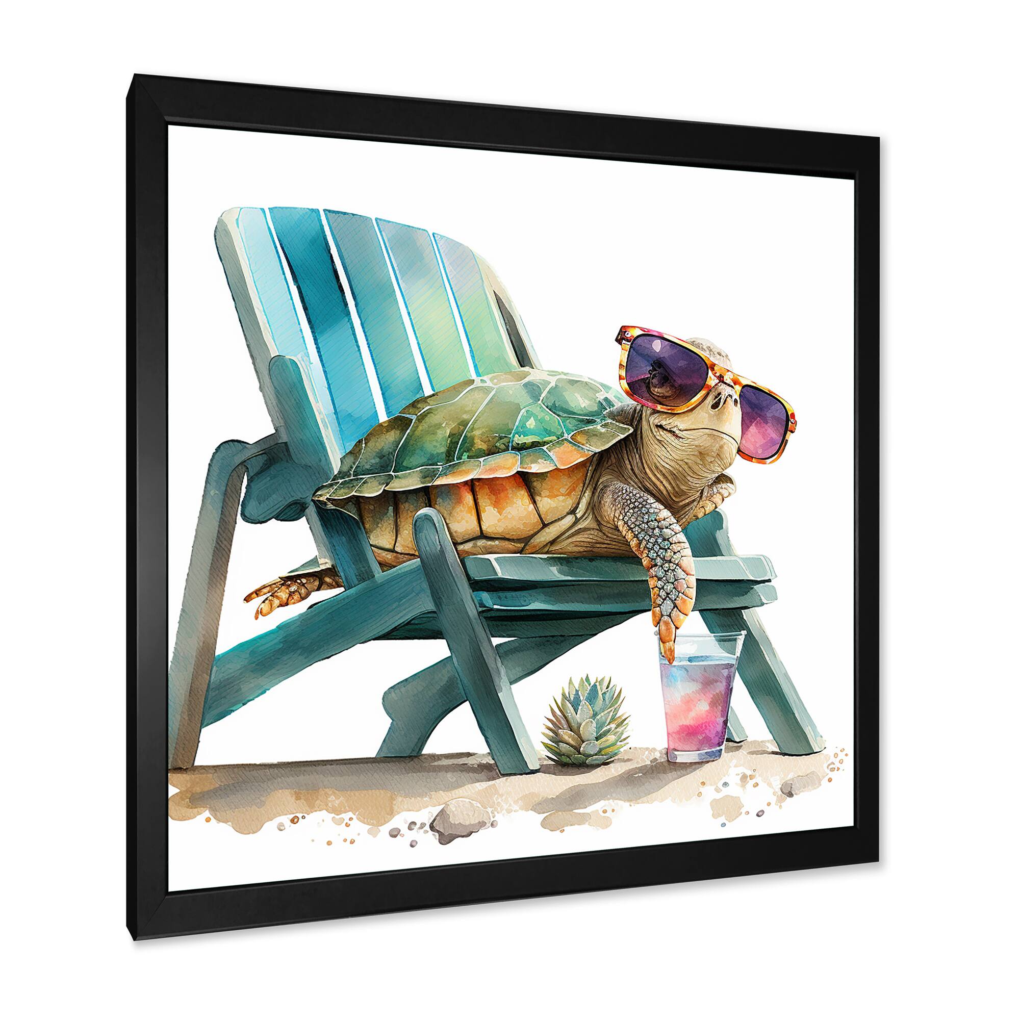Designart 'Turtle Laying On A Beach Chair With Sunglasses I' Animals Framed Canvas Wall Art