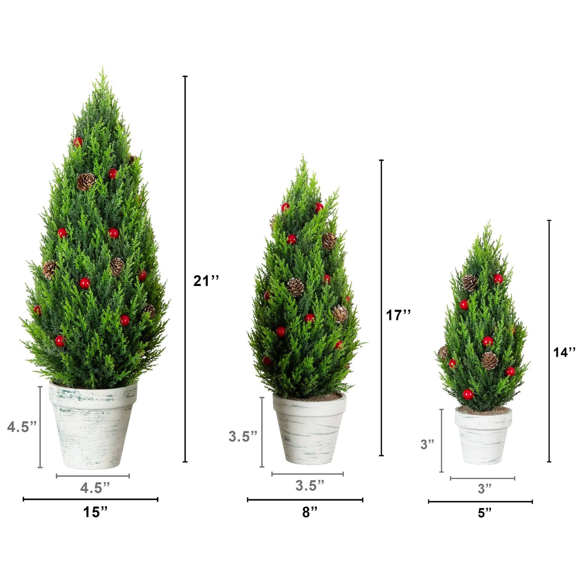 Nearly Natural Artificial Cypress Trees with Red Berries & Pinecones in White Rustic Planter Set