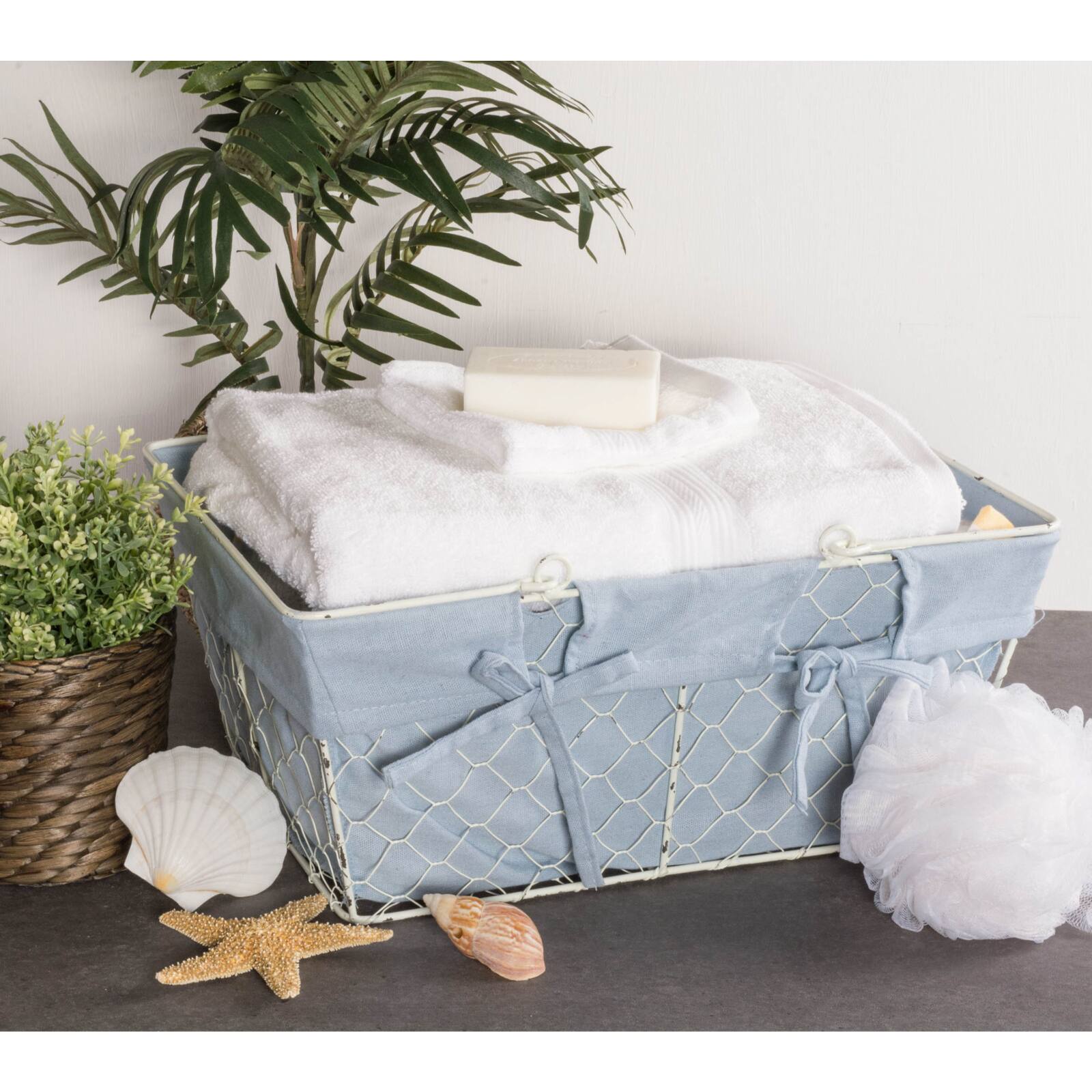 DII® Antique White Chicken Wire Egg Basket with Washed Denim Liner