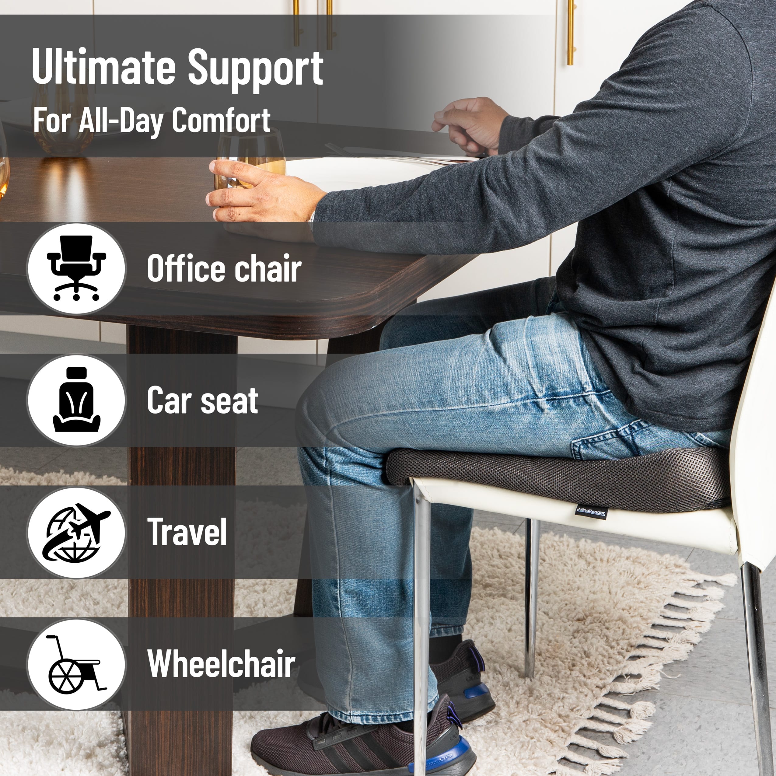 Mind Reader Air-Cloud Seat Cushion, Ergonomic Support for Posture, Pressure Relief, and Pain Reduction, Portable with Washable Cover, Memory Foam, Gray