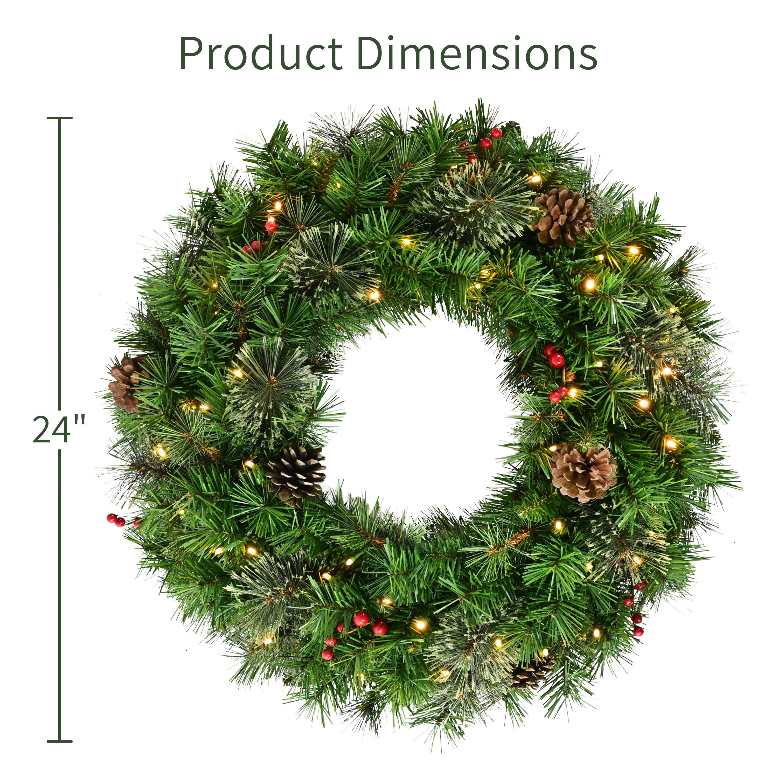Puleo International 24" Pre-Lit Pine with Pinecones & Red Berries Artificial Wreath