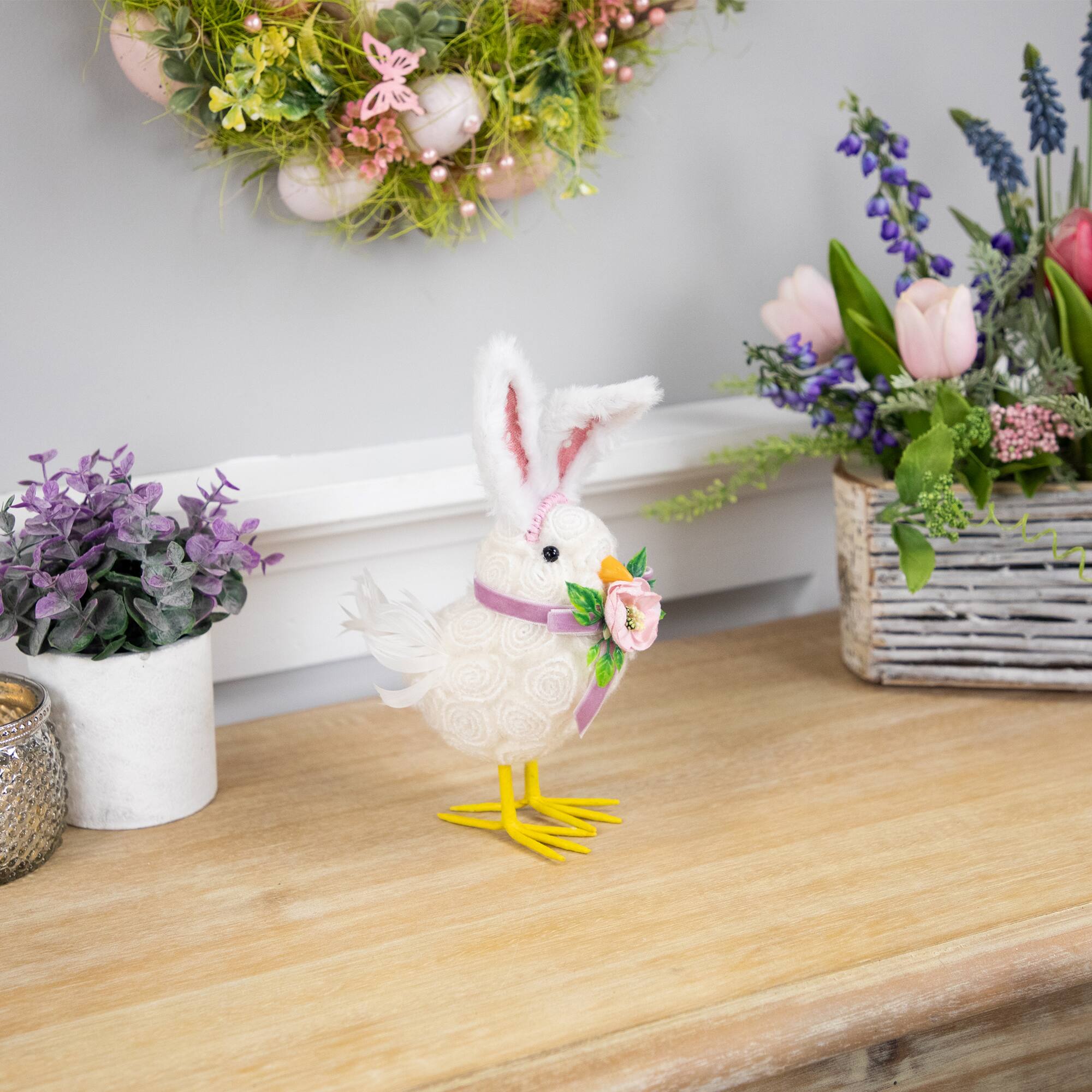 8.75" Floral Easter Chick Accent with Polka Dot Faux Fur Rabbit Ears