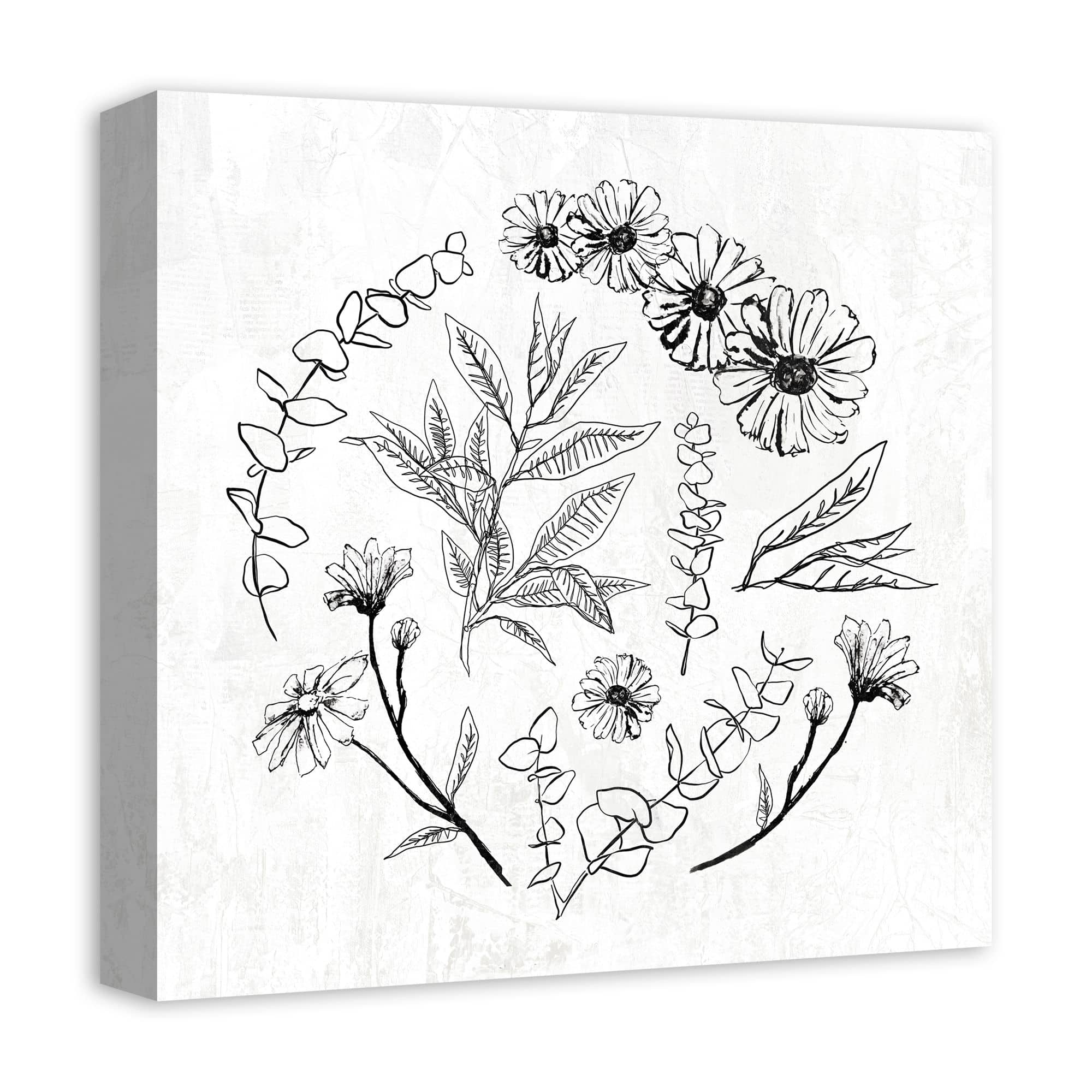 Hand Drawn Flowers and Leaves 16" x 16" Canvas Wall Art