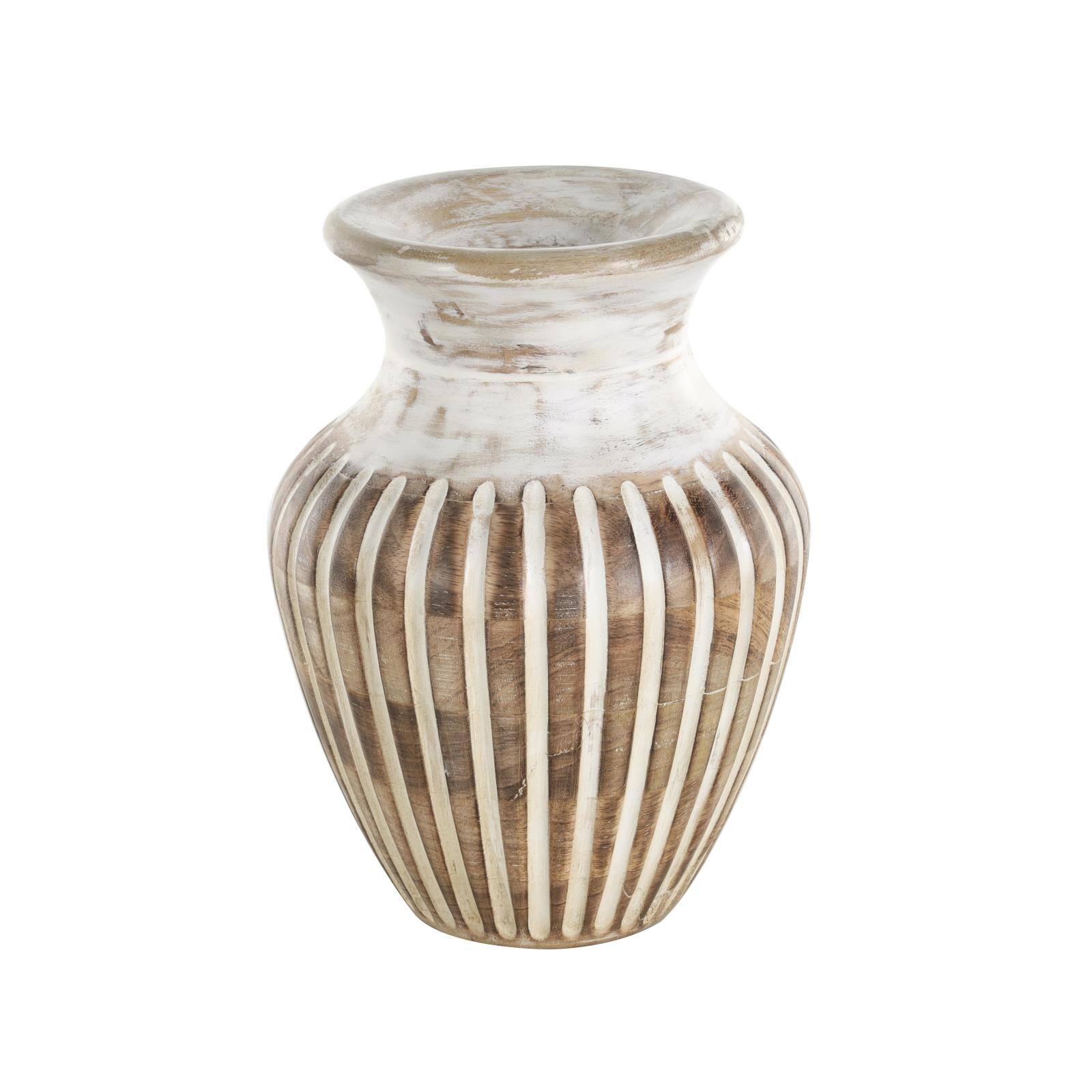 11" Brown Mango Wood Vase with Carved Grooves