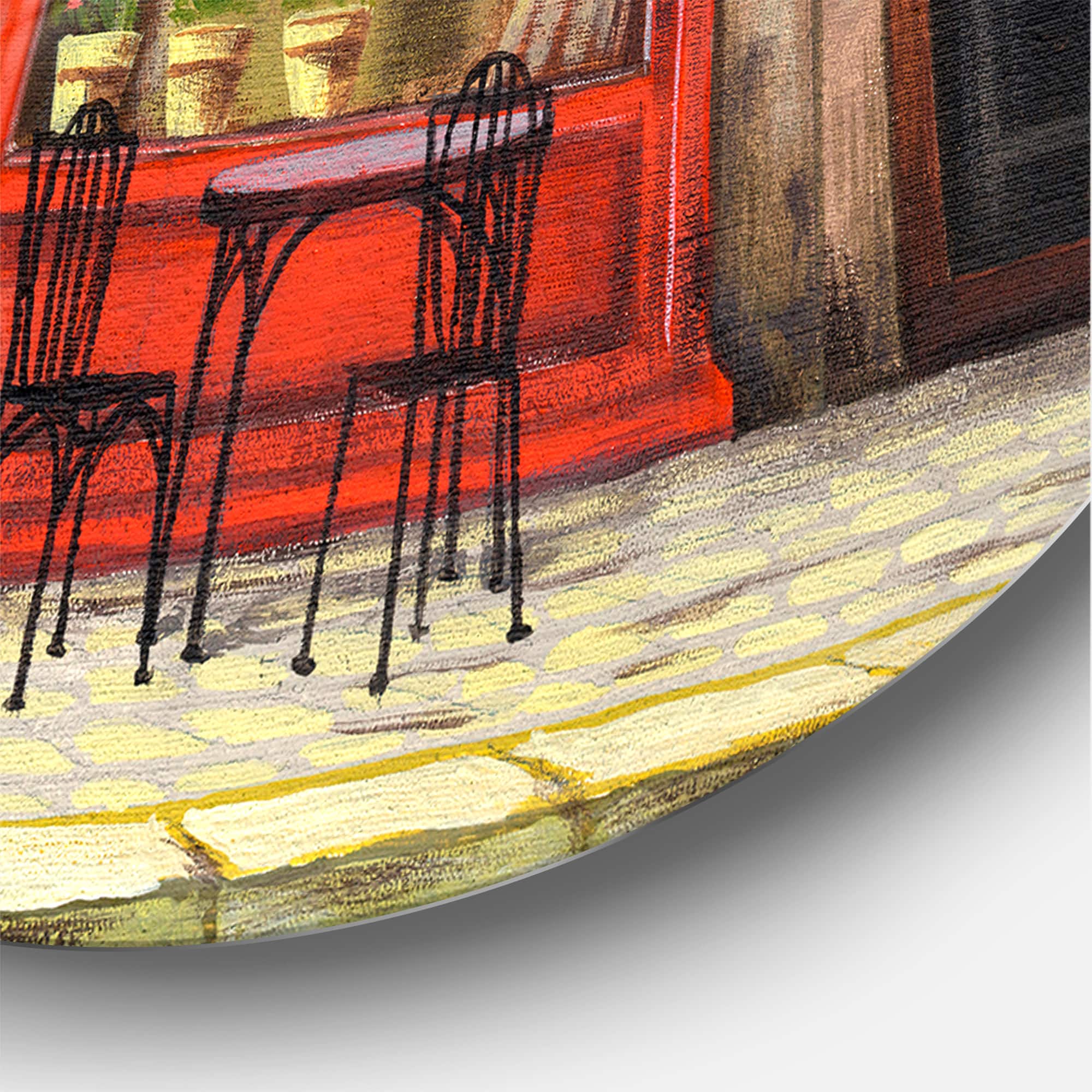 Designart - Red Facade of Charming Shop In Paris I - French Country Metal Circle Wall Art