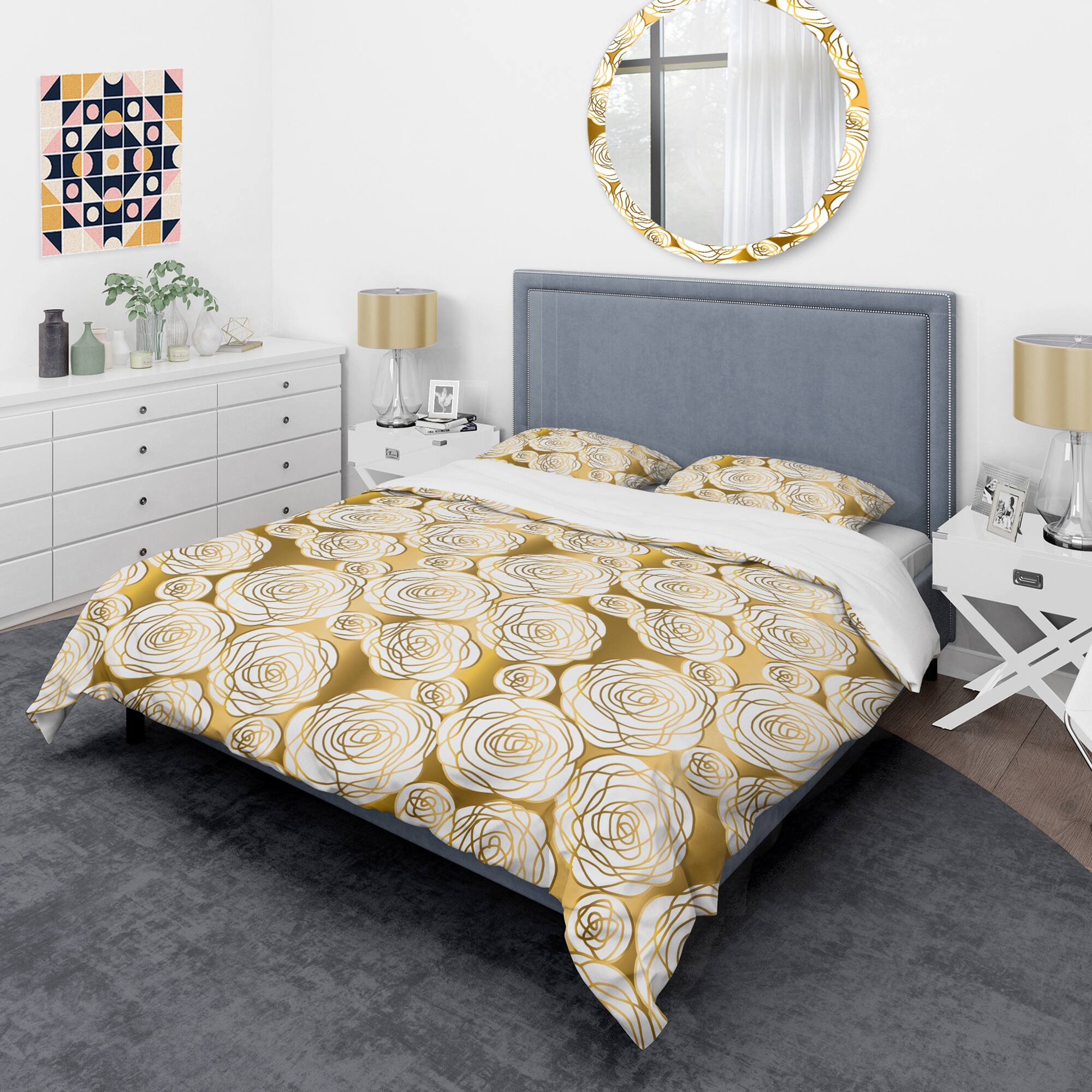 Designart 'Golden Floral III' Mid-Century Duvet Cover Set