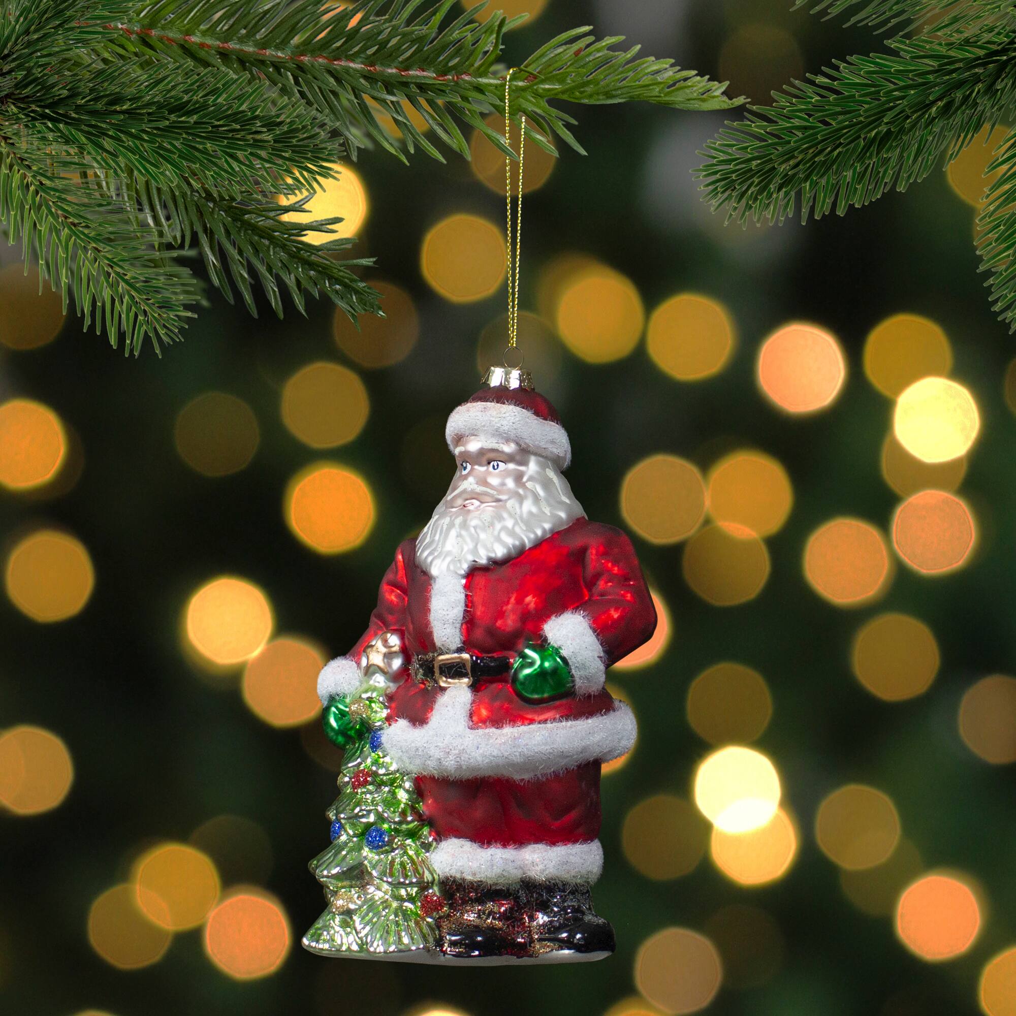 5.5" Red Classic Santa With Tree Hanging Glass Christmas Ornament