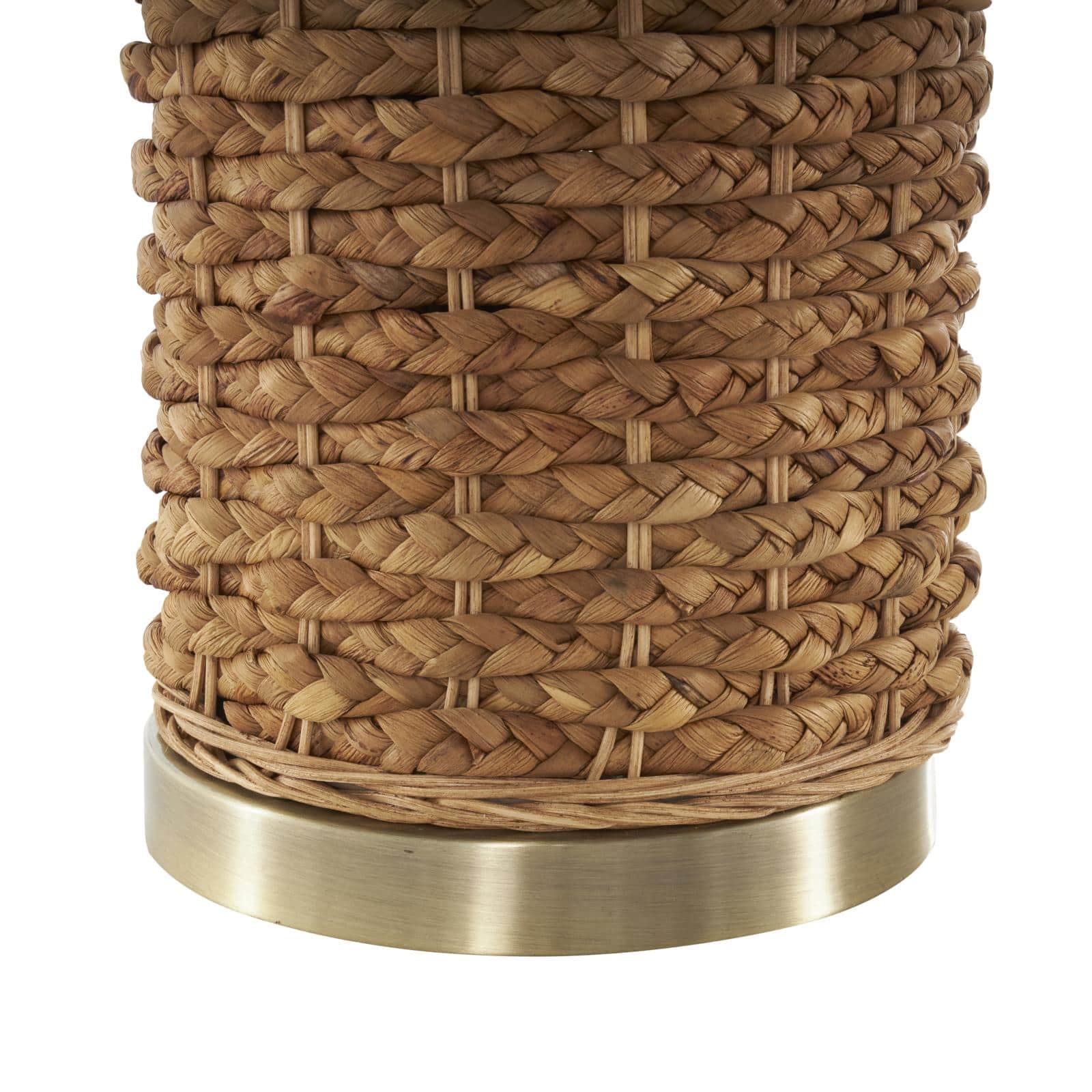 28" Bohemian Handmade Brown Rattan Textured Table Lamp with White Shade & Gold Base