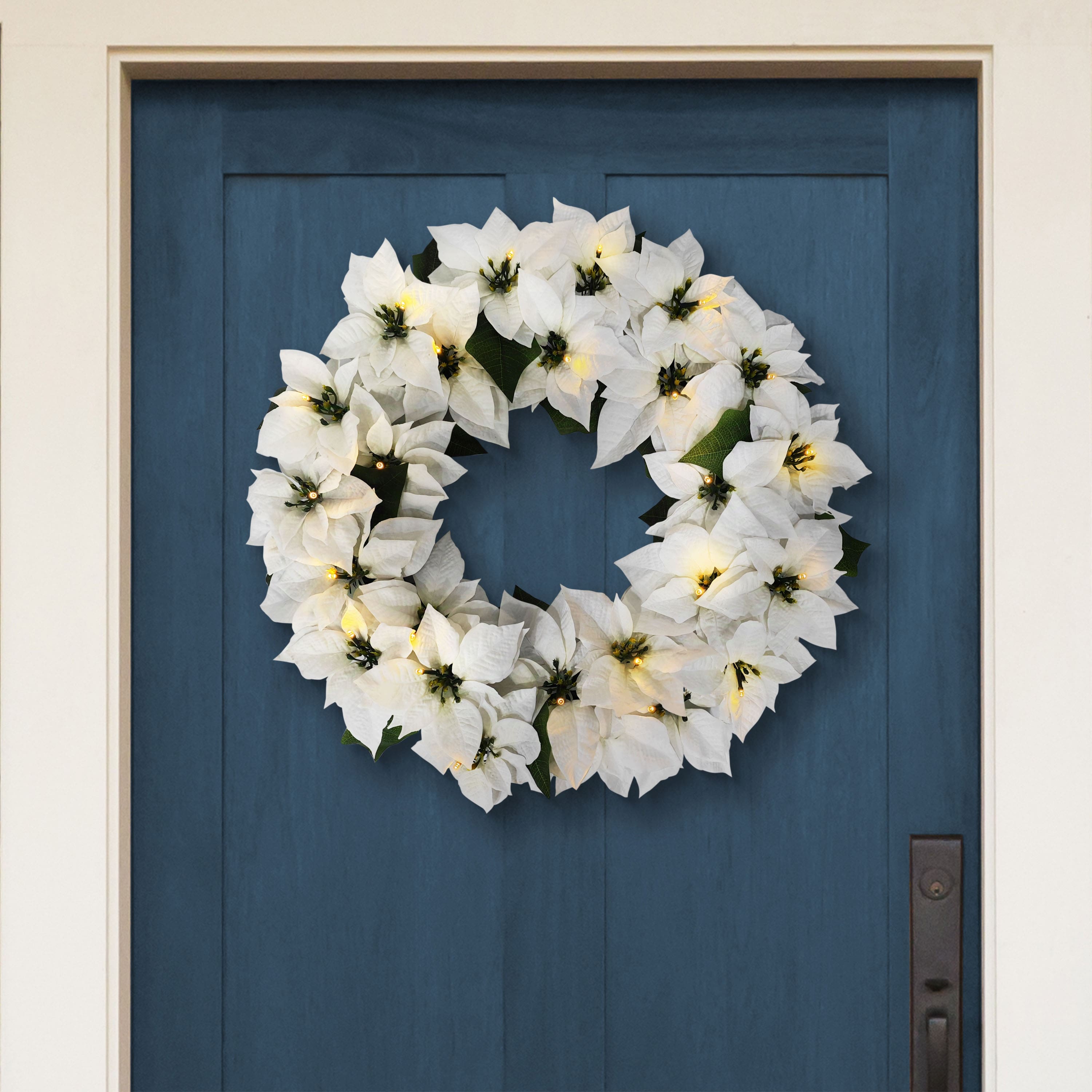 24" Pre-Lit White Poinsettia Artificial Wreath