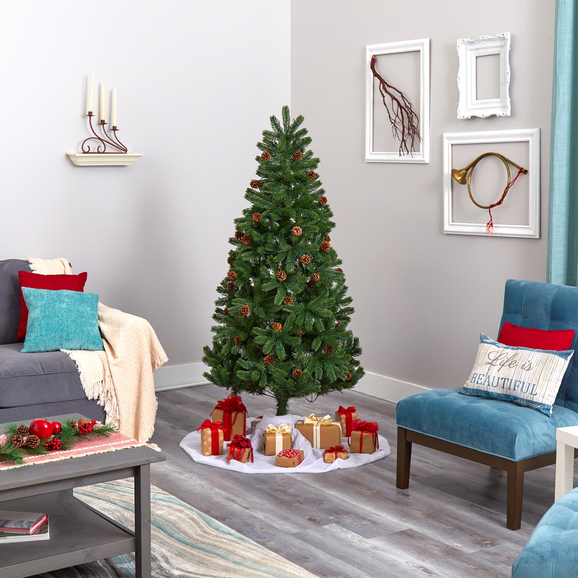6ft. Pre-Lit Rocky Mountain Spruce & Pinecone Artificial Christmas Tree, Clear LED Lights
