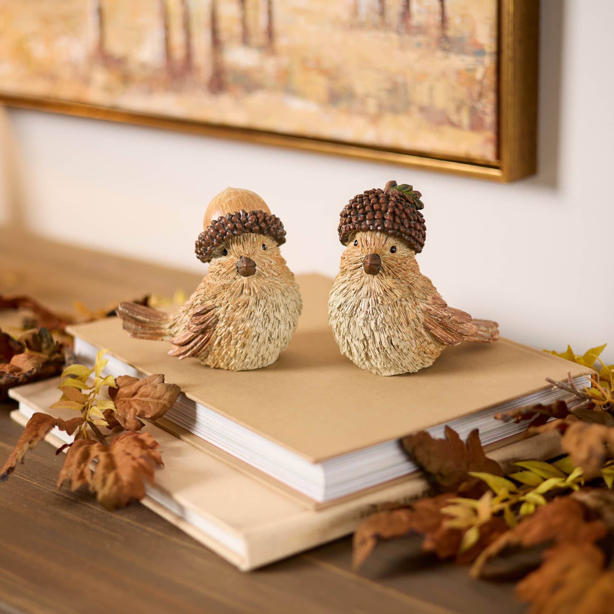 Brown Woodland Bird with Acorn Hat Figurine Set