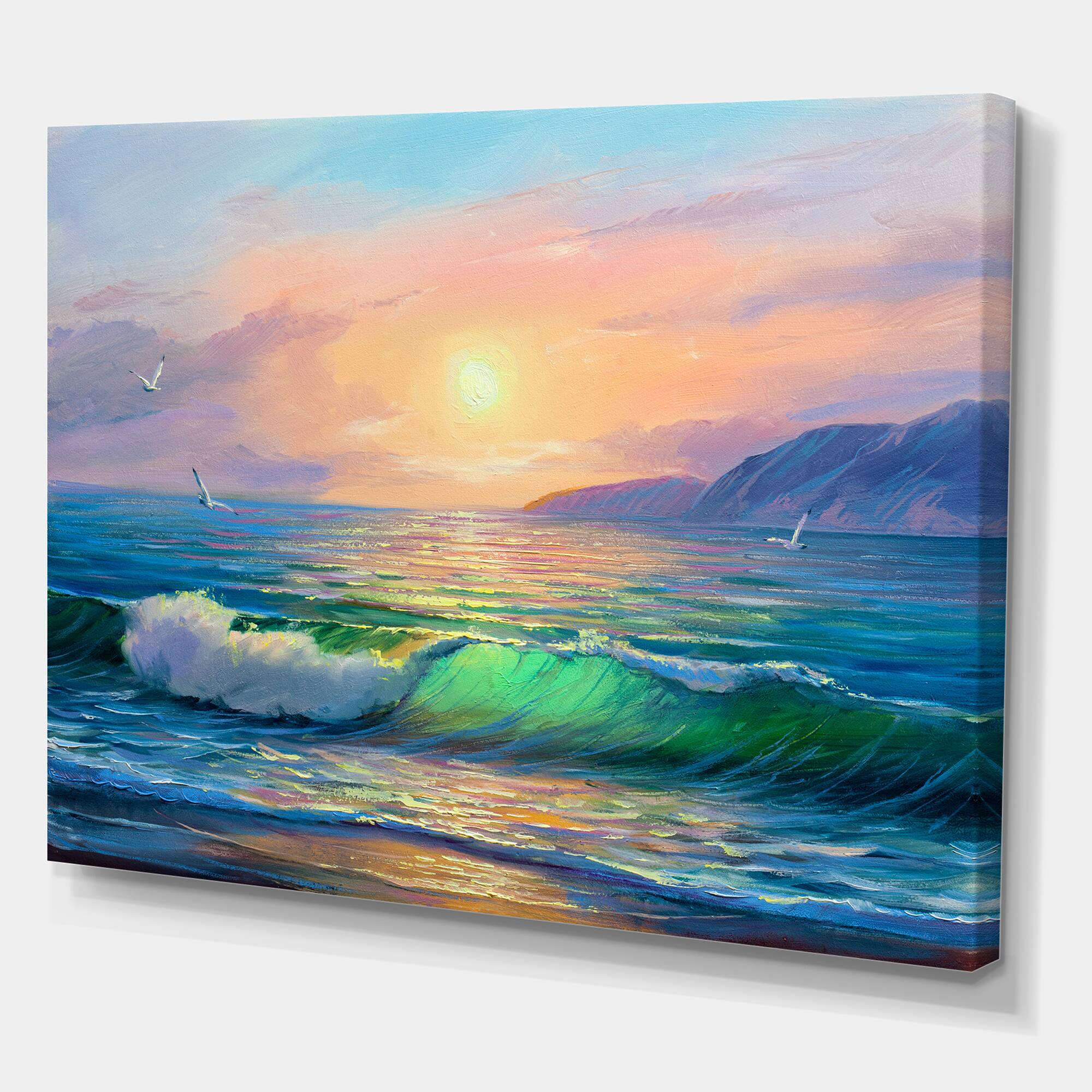 Designart - Blue Waves Breaking At The Beach V - Nautical & Coastal Canvas Wall Art Print