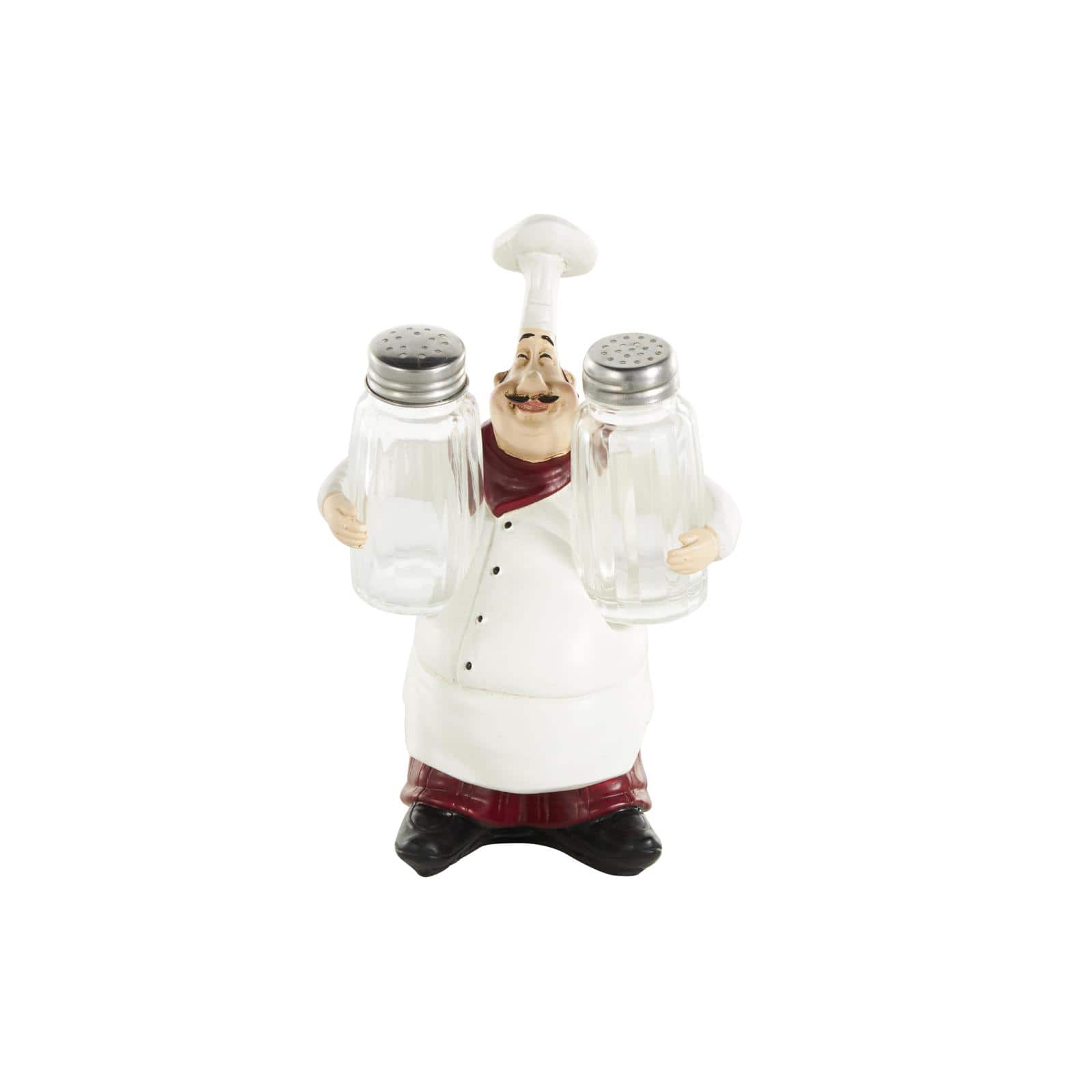 8" White Polystone Chef Figurine Salt & Pepper Shaker Holder with Red Accents