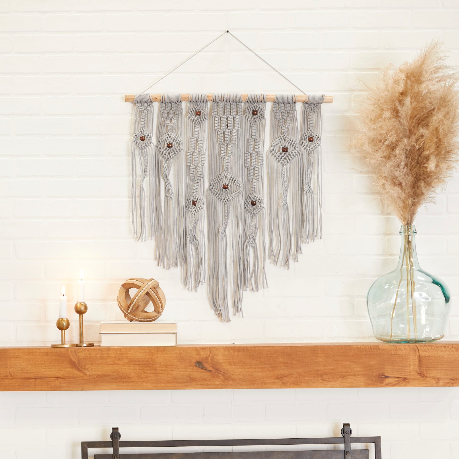 Gray Cotton Intricately Weaved Macrame Wall Decor with Beaded Fringe Tassels 27" x 1" x 36"