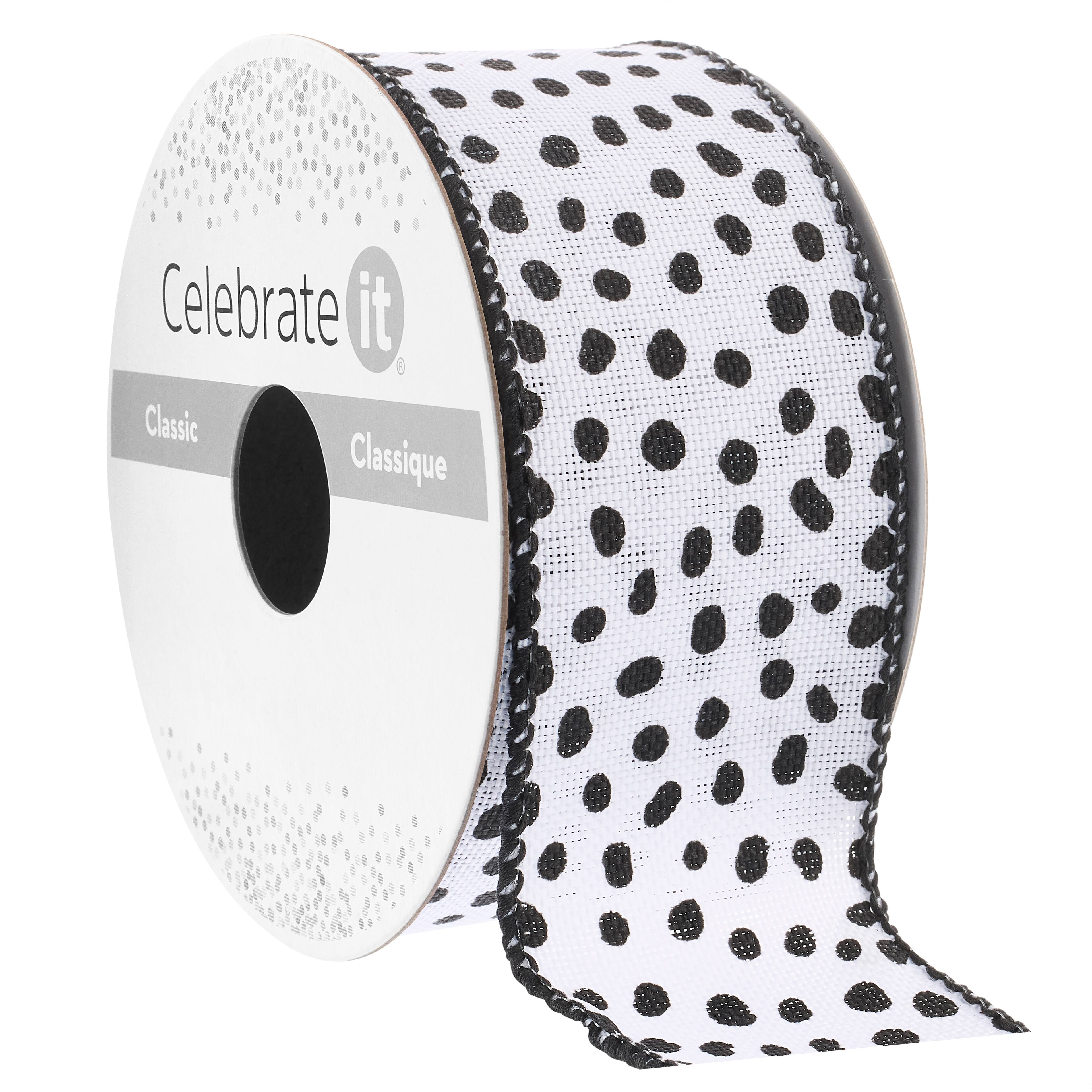 1.5" x 3yd. White & Black Faux Linen Wired Dots Ribbon by Celebrate It® Classic