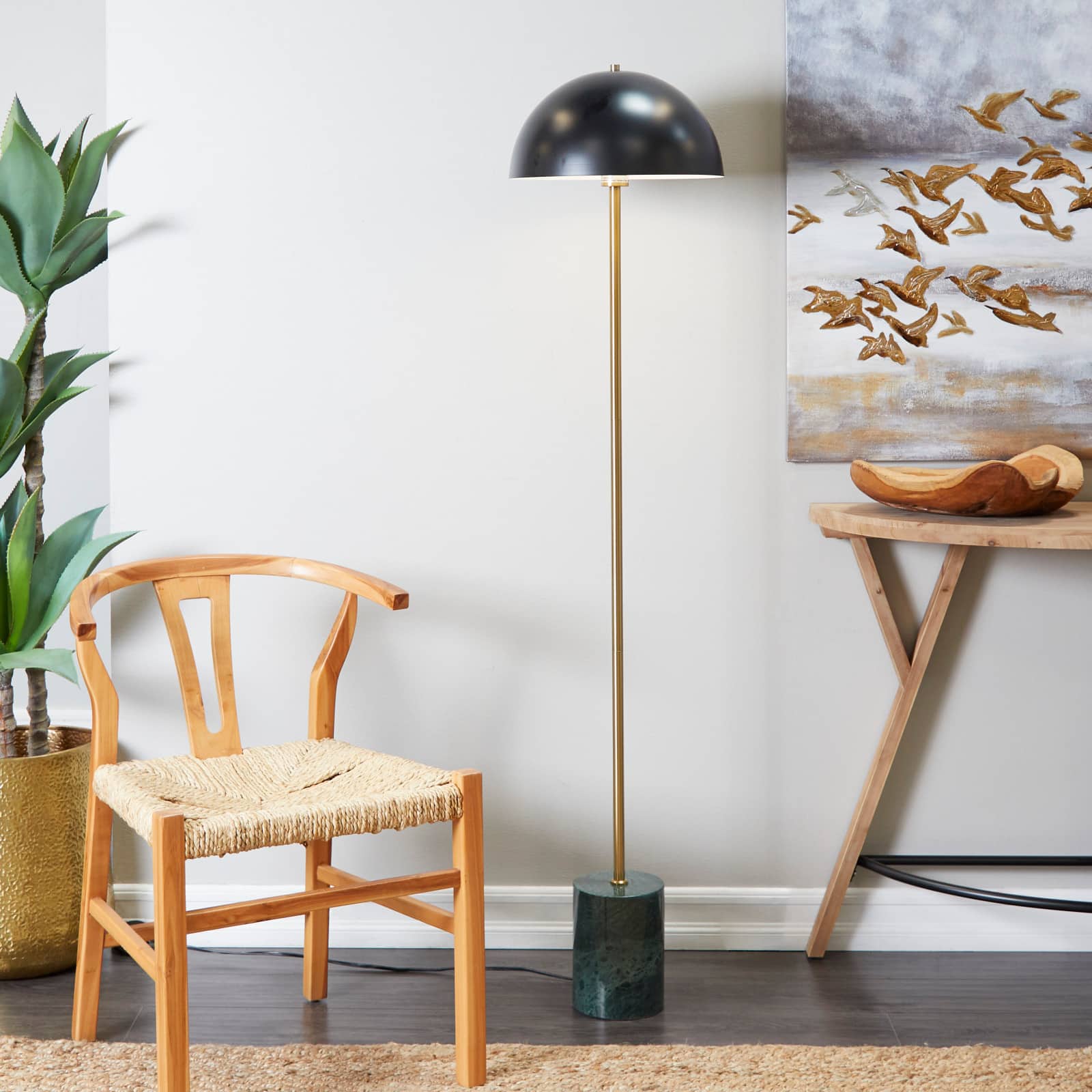 Black Metal Umbrella Style Floor Lamp with Marble Base 14" x 14" x 62"