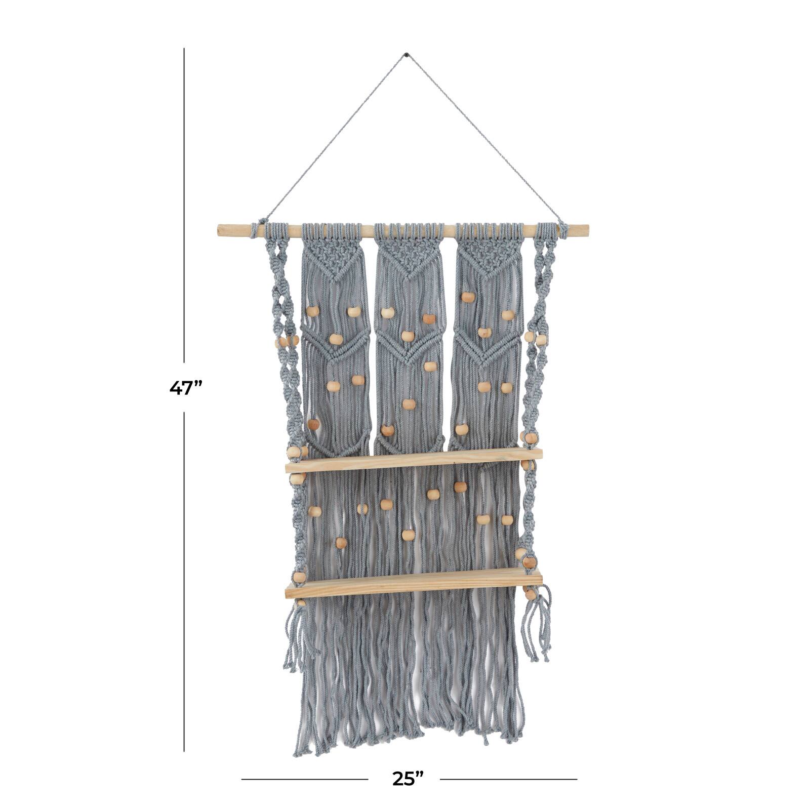 Gray Cotton Handmade 2 Shelves Macrame Wall Shelf 25" x 6" x 47"