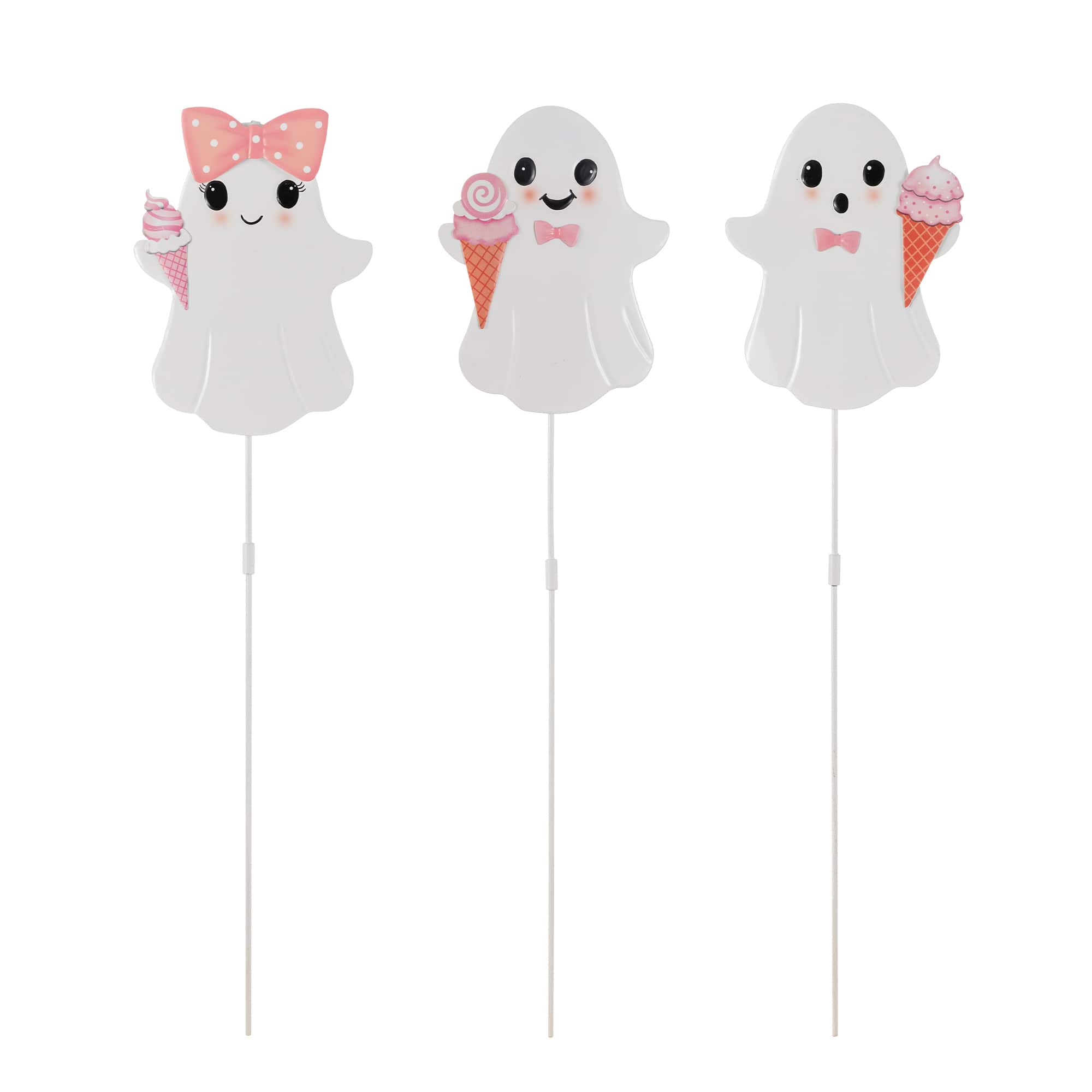 Glitzhome® 23.75" Halloween Metal Pink Ghosts Yard Stake, Set of 3