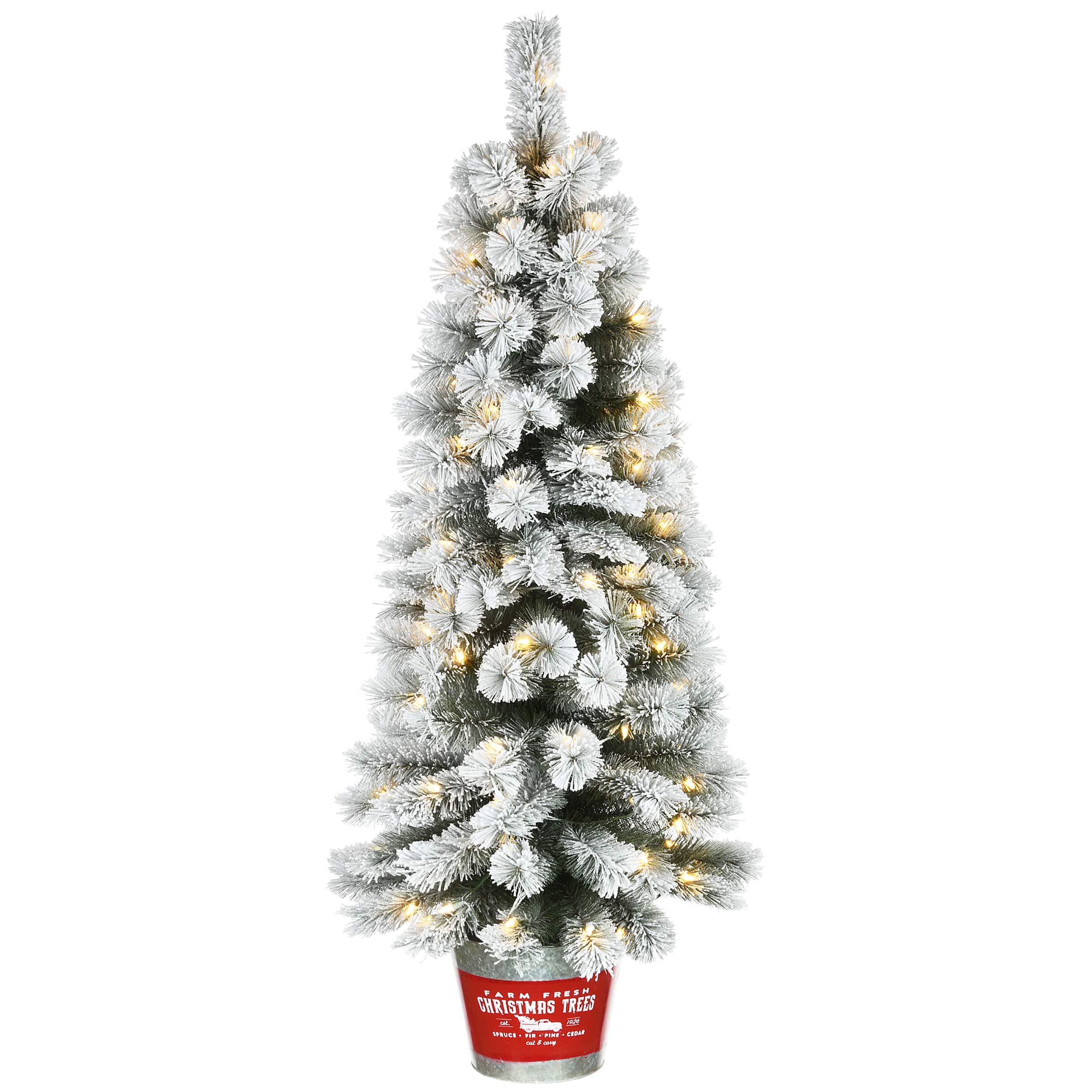 5ft. Pre-Lit Snowy Pogue Pine Entrance Artificial Christmas Tree in Red Base, Warm White LED Lights
