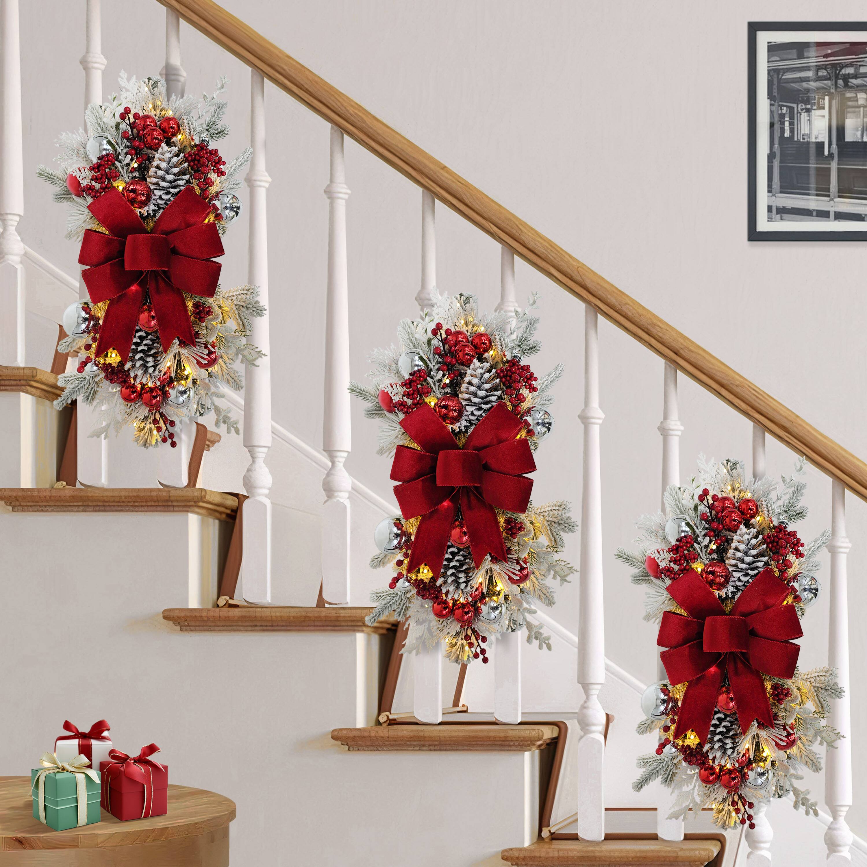 28" Pre-Lit Red & Silver Adorned Artificial Flocked Banister Swag