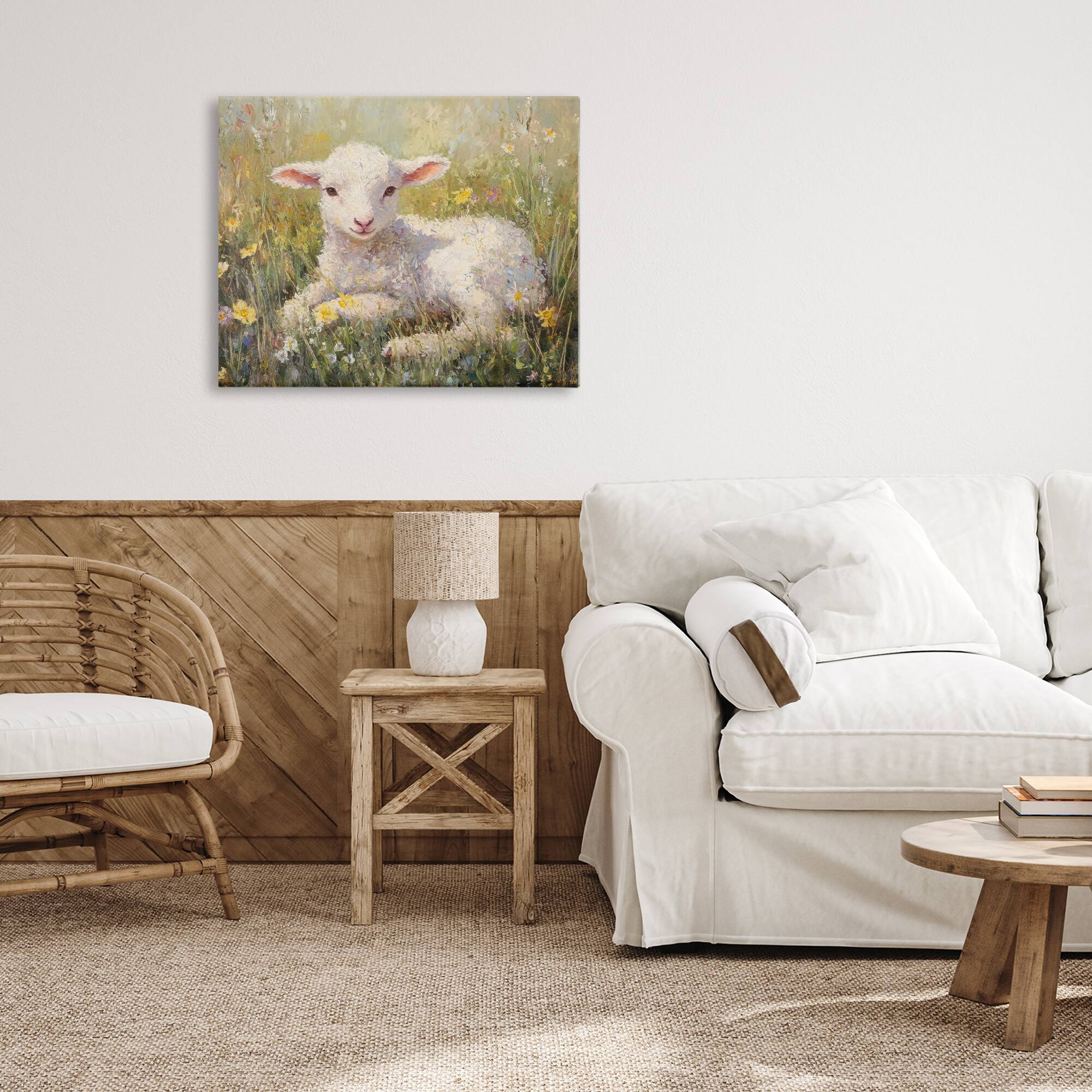 Stupell Industries Sunlight Lamb in Flowers Canvas Wall Art