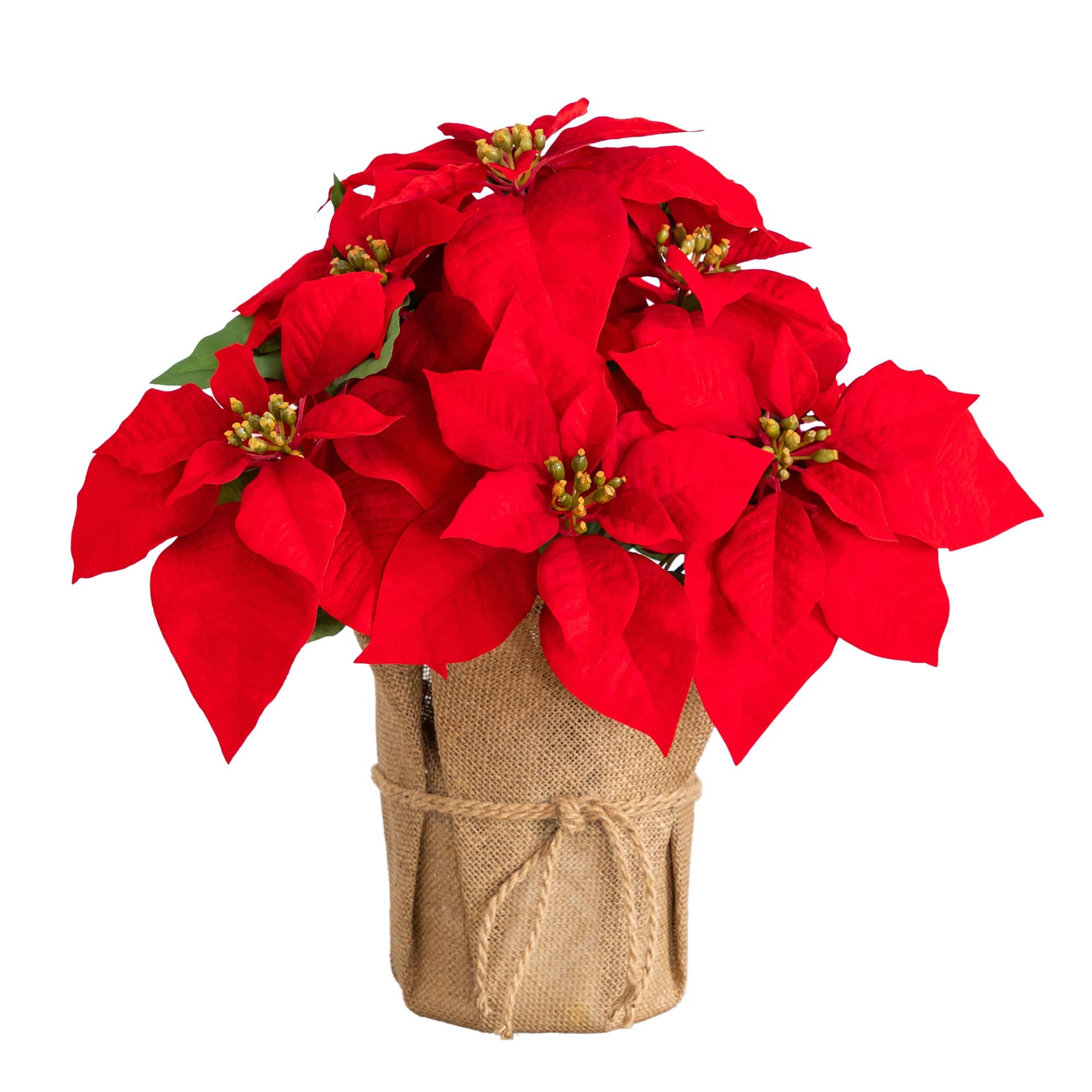 Nearly Natural 13" Artificial Red Velvet Poinsettia Arrangement in Burlap Planter