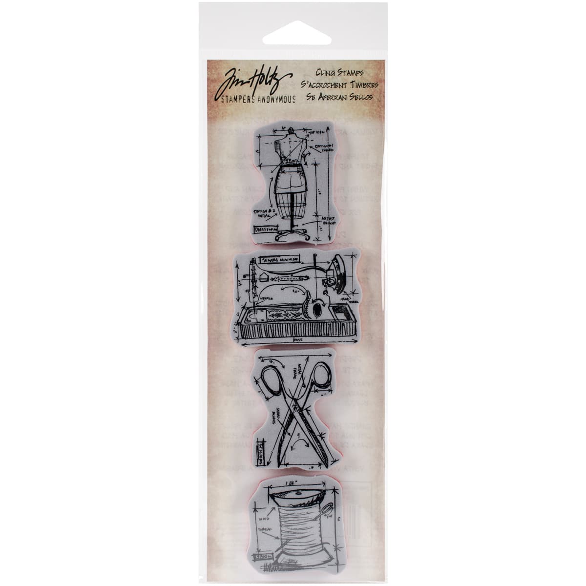 Stampers Anonymous Tim Holtz® Mini Sewing Blueprints Strip Cling Stamps Set