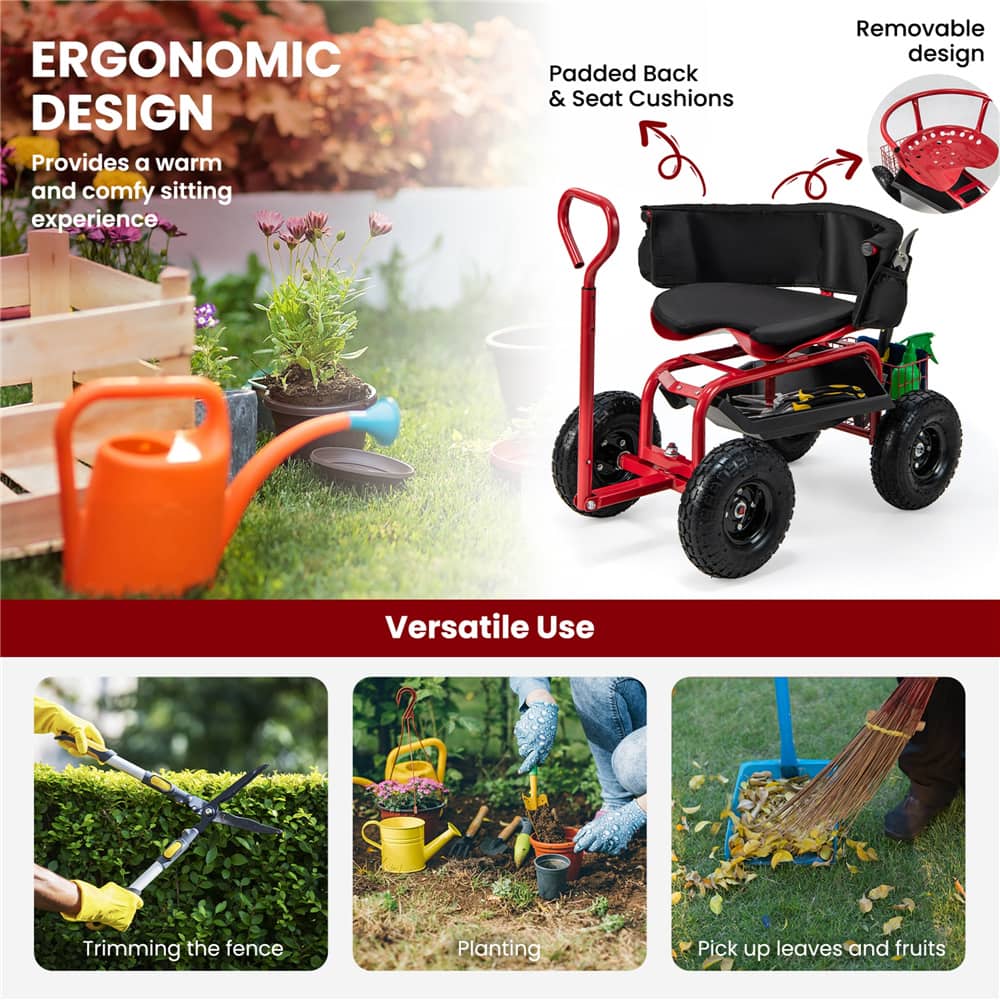Costway Height-Adjustable Rolling Garden Cart Scooter with Swivel Seat