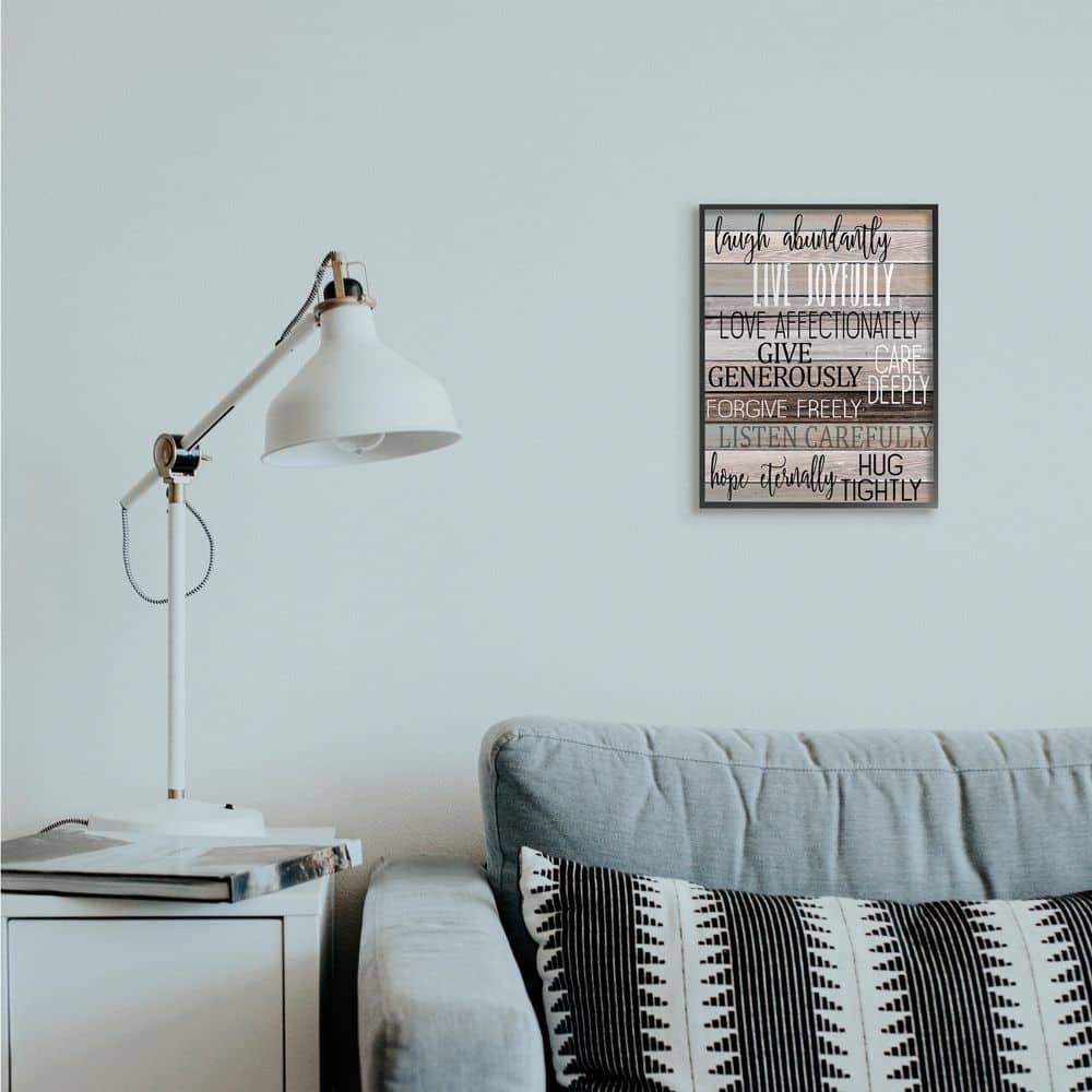 Stupell Industries Live Joyfully Phrases on Wood Grain Brown Tan Teal in Frame Wall Art