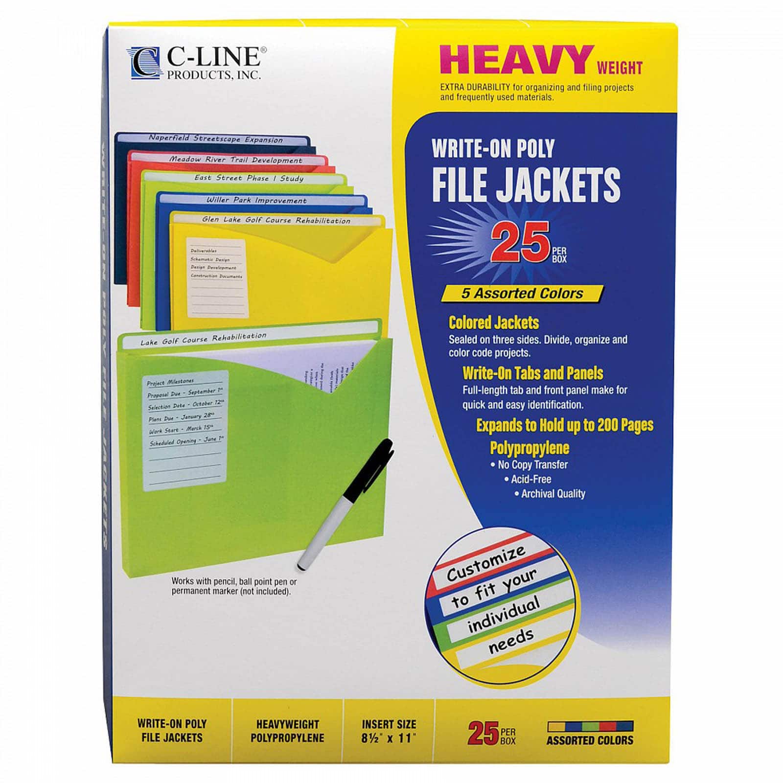 C-Line® Assorted Colors Write-On Poly File Jackets, 25ct.