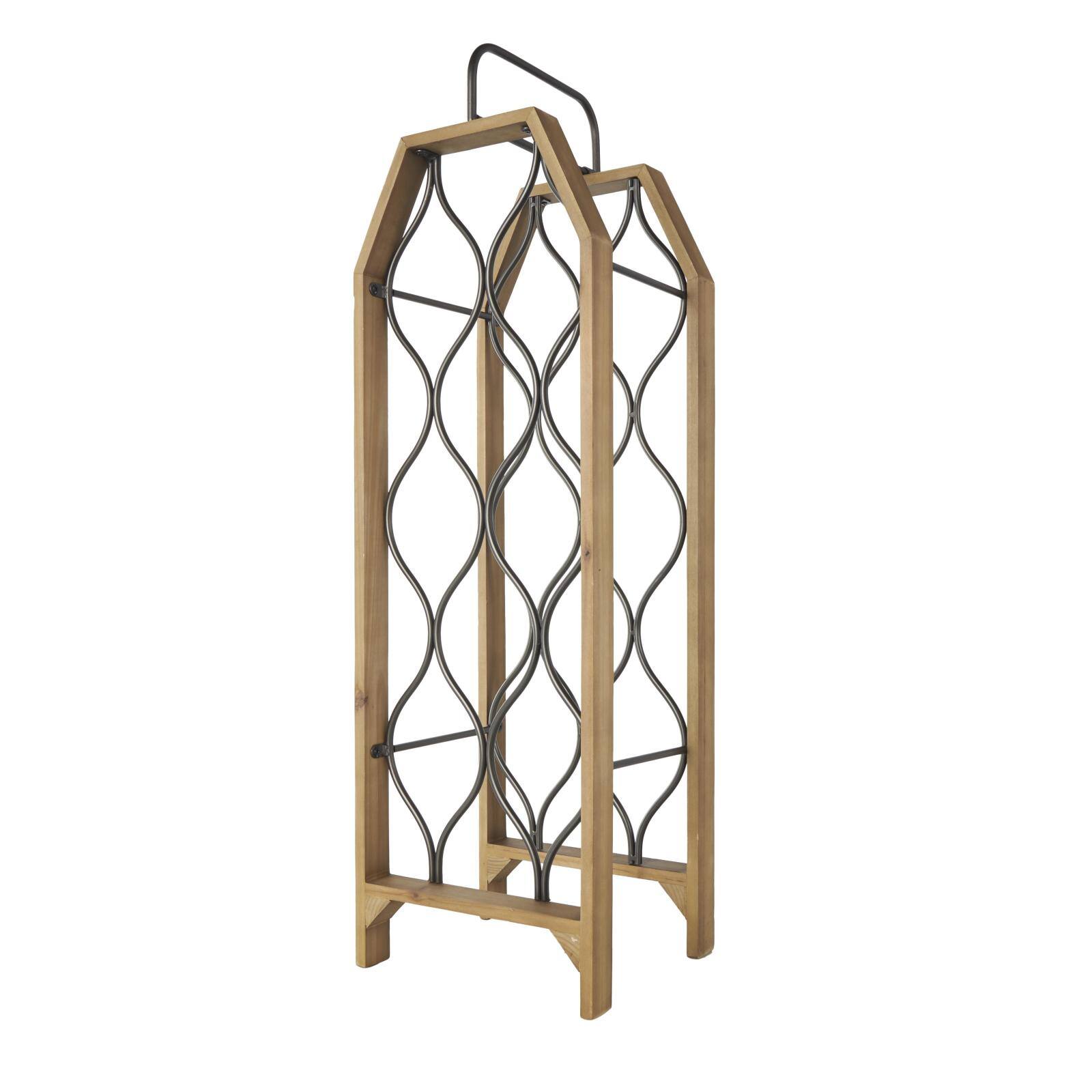 10" x 29" Brown Wood Tall 8 Slot Wine Rack with Gray Metal Curved Teardrop Holders