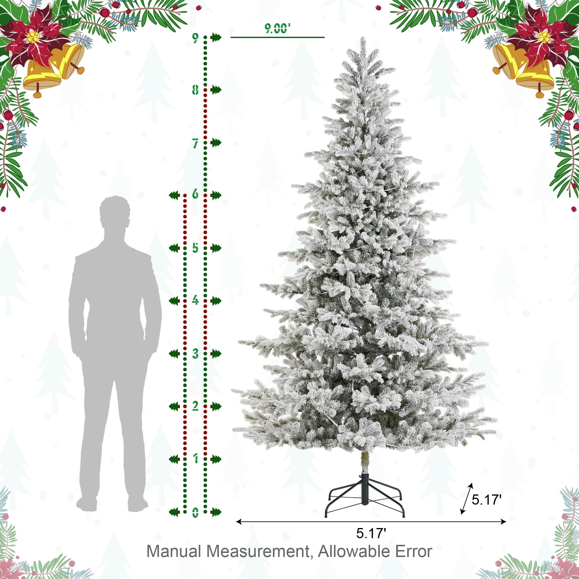 Glitzhome® 9ft Pre-Lit Flocked Full Fir Artificial Christmas Tree, Multicolor LED Lights