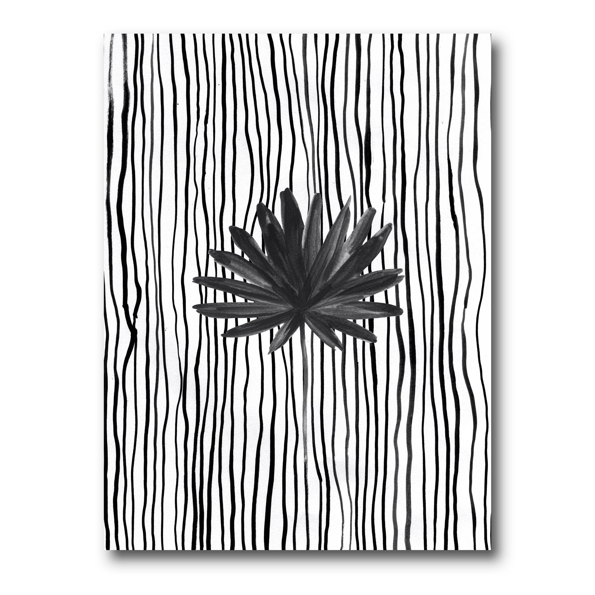 Designart - Black and White Tropical Leaf On Striped III - Modern Canvas Wall Art Print