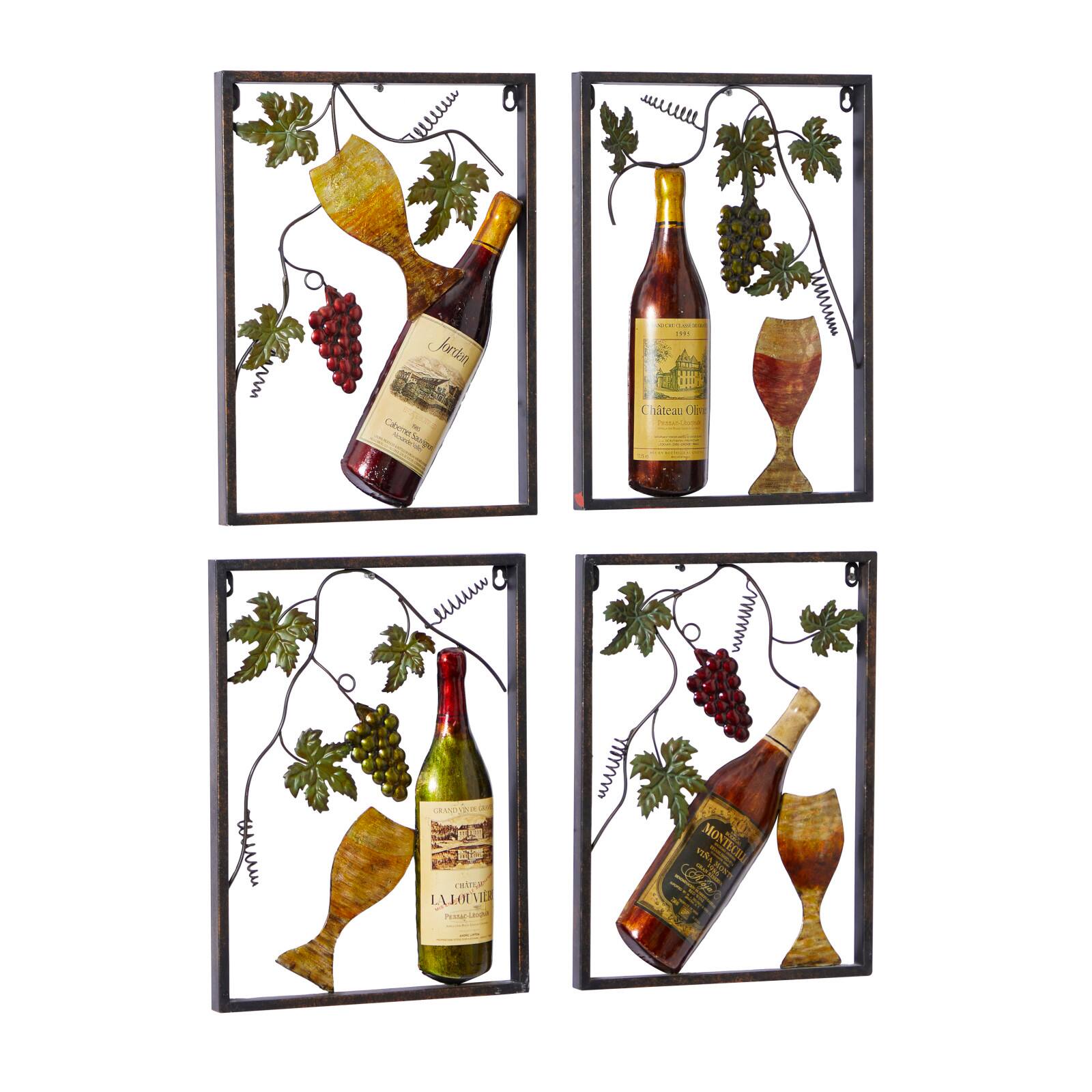 Set of 4 Multi Colored Metal Traditional Wine Wall Decor, 18" x 14"