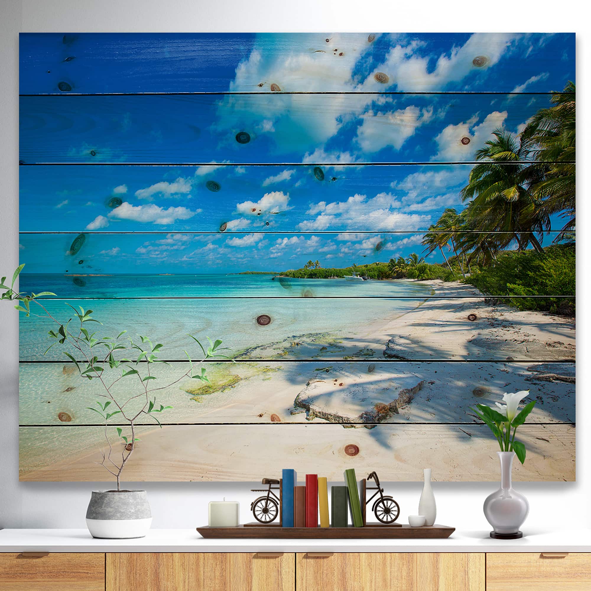 Designart - Tropical Beach with Palm Shadows - Seashore Print on Natural Pine Wood