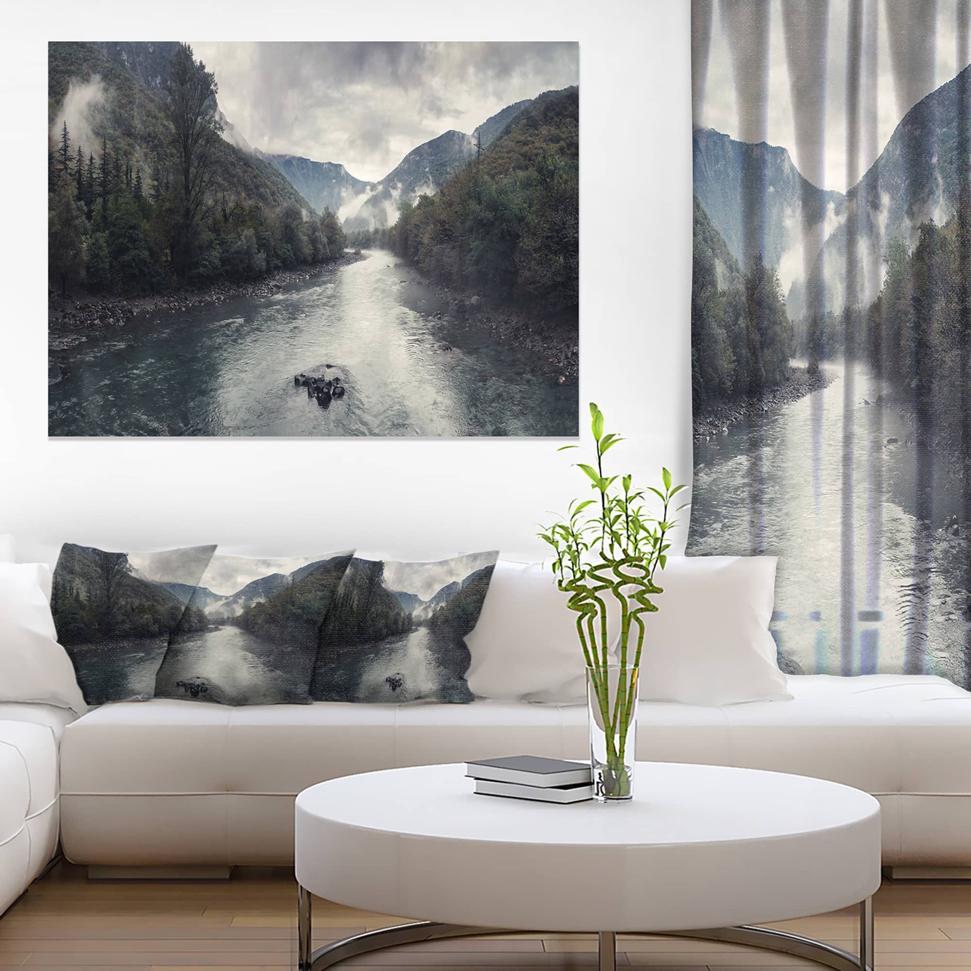 Designart - Mountain River with Fog and Rain - Modern Seascape Canvas Artwork