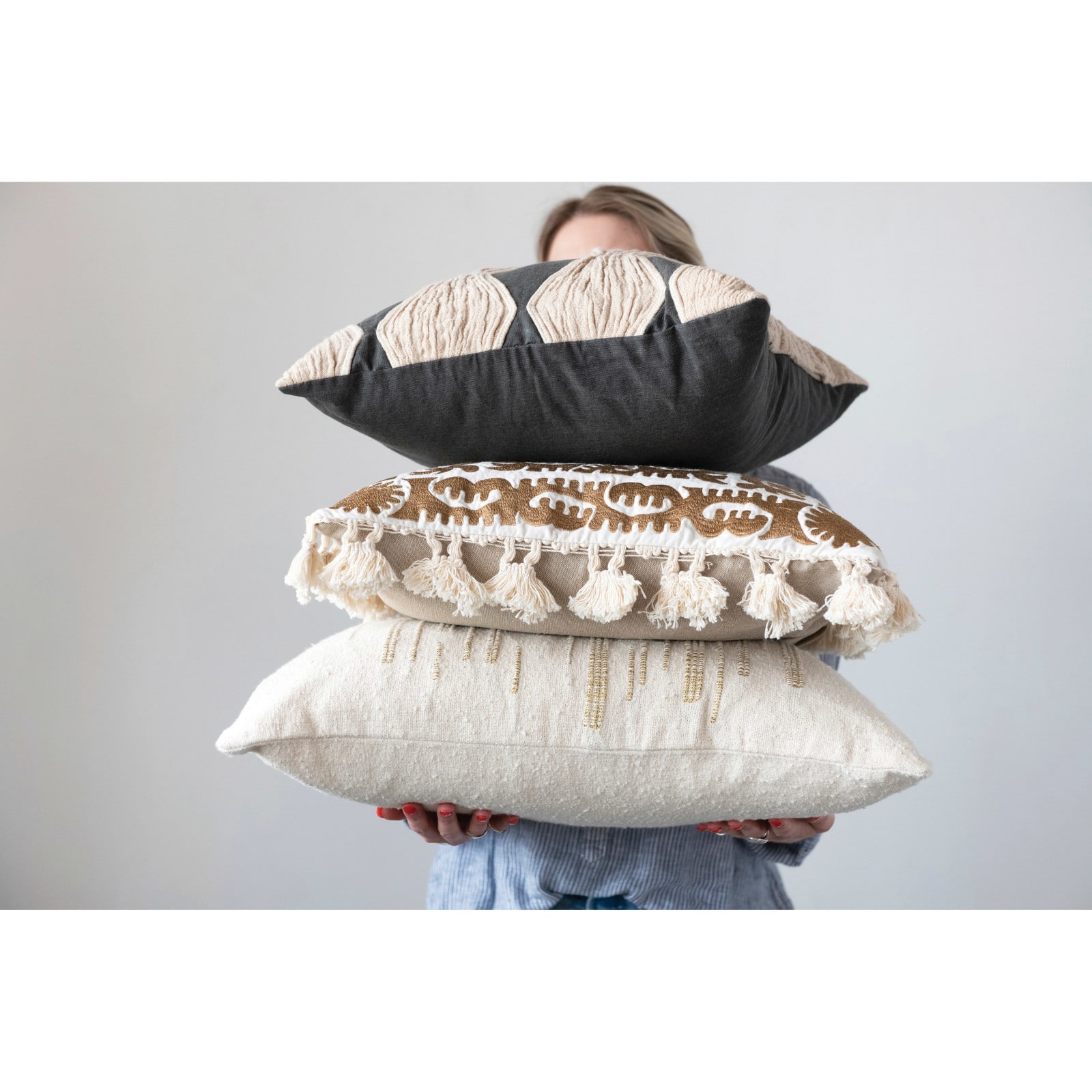 Hello Honey® Charcoal & Tan Applique & Diamond Pattern Cotton Pillow
