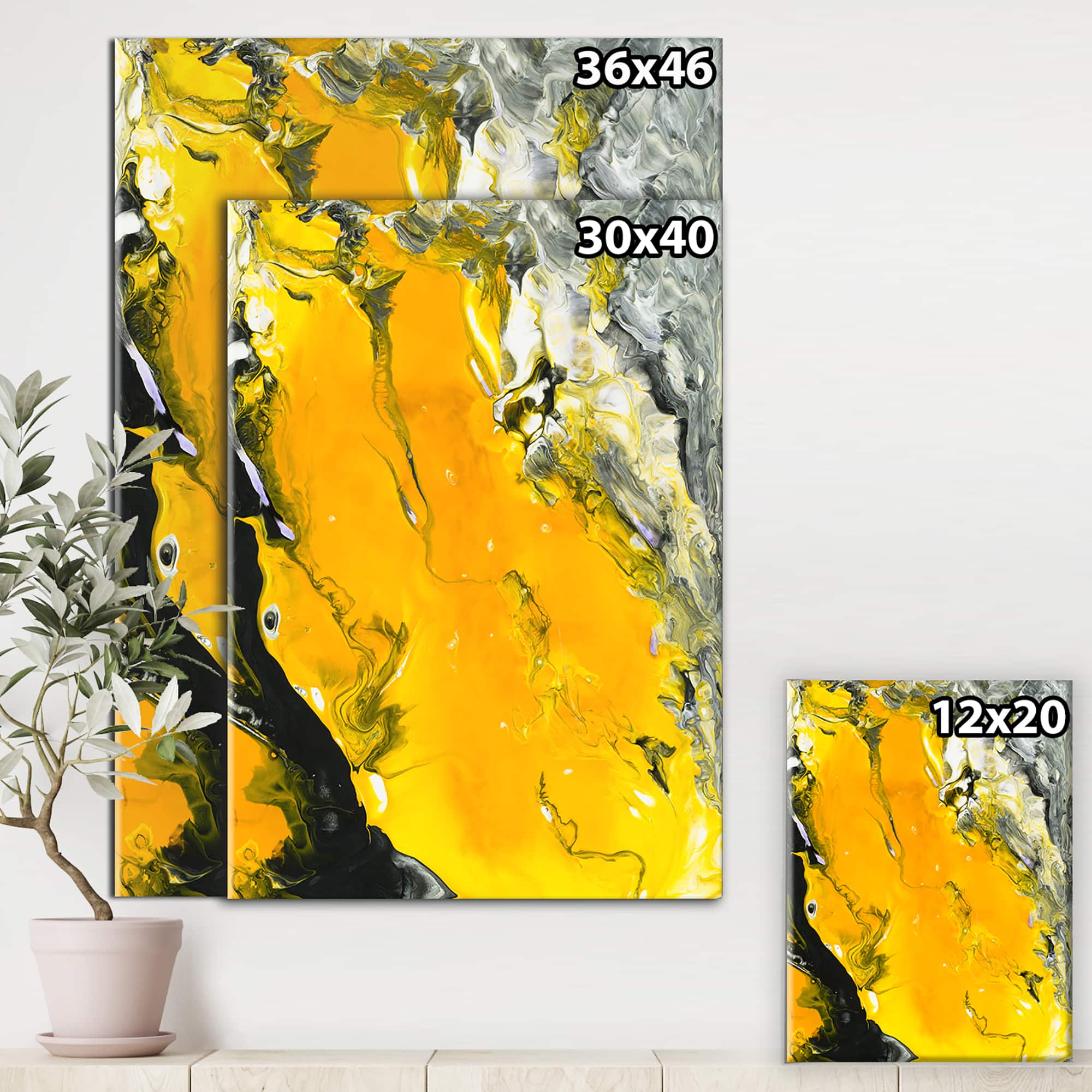 Designart - Yellow , Black and Marbled Acrylic Painting
