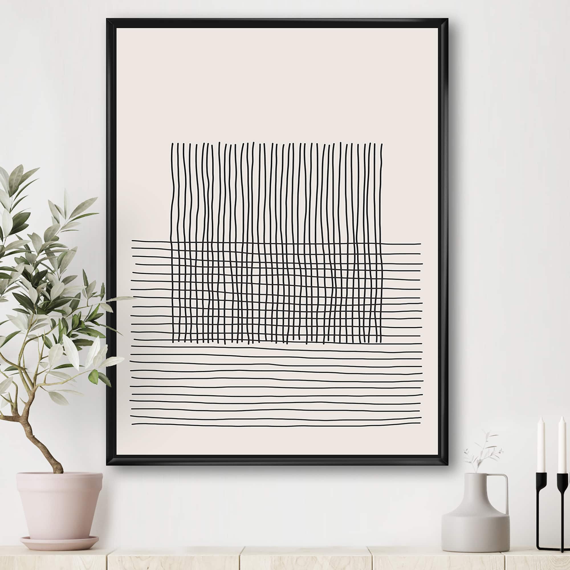 Designart - Minimal Geometric Lines And Squares V - Modern Canvas Wall Art Print in Black Frame