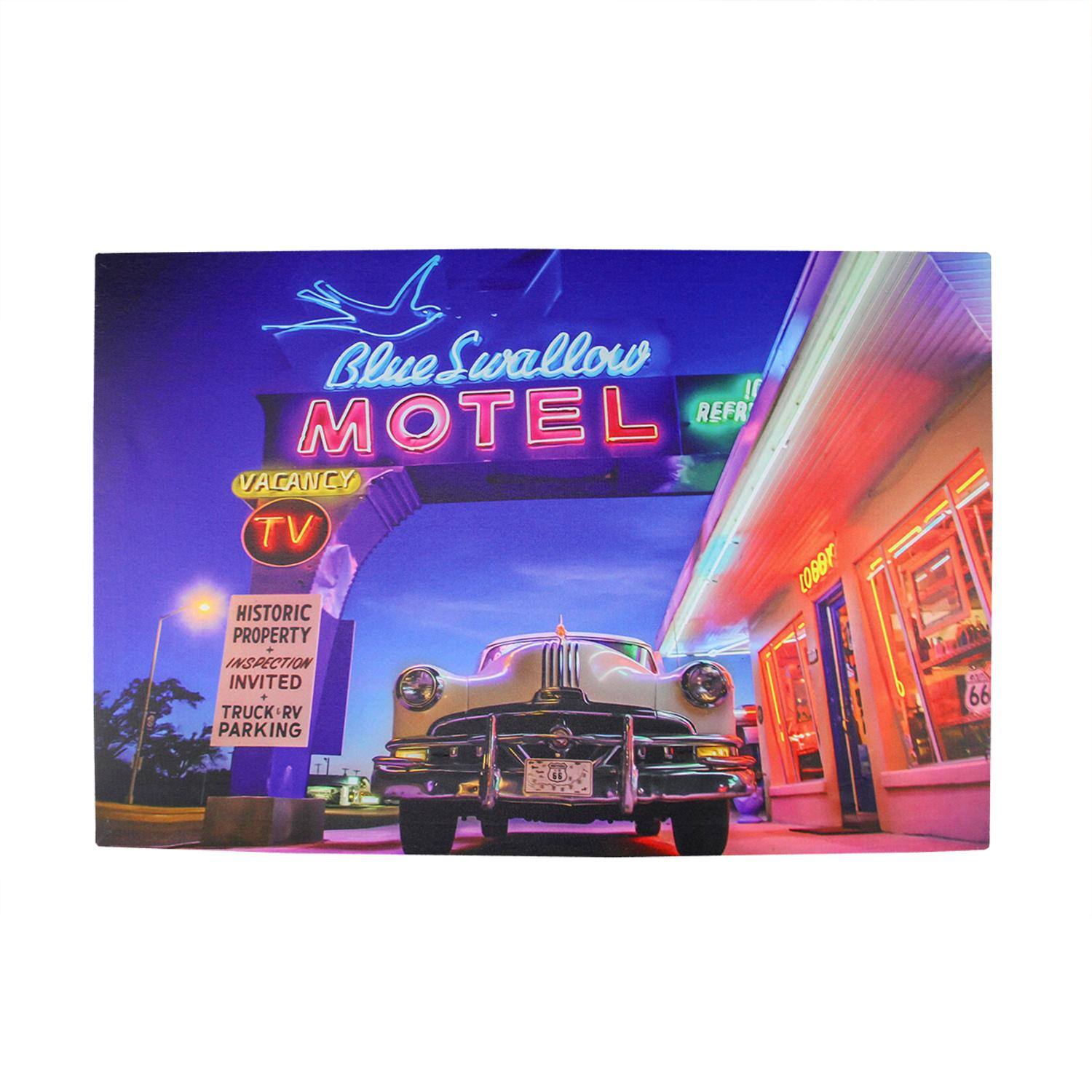 LED Lighted Blue Swallow Motel with Classic Car Canvas Wall Art