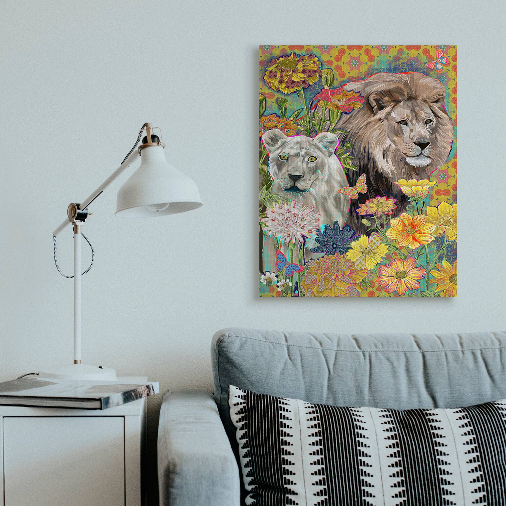 Stupell Industries Lion Couple Behind Tropical Florals Arabesque Pattern Canvas Wall Art